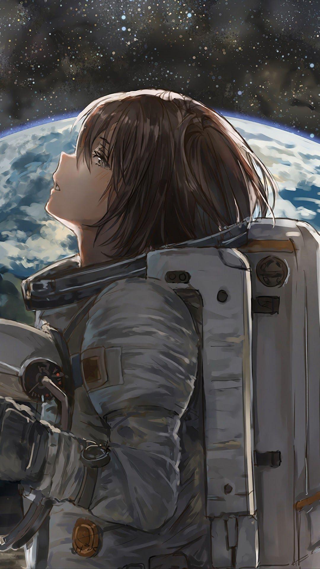 1080x1920 Space Astronaut Anime Girl Earth 4K Wallpaper