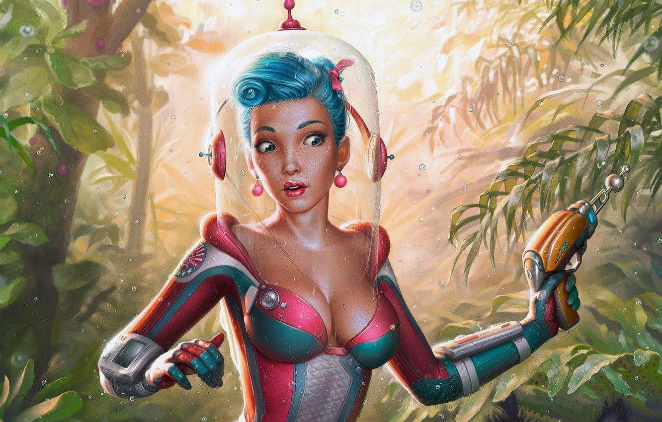 1332x850 Wallpaper girl, gun, fantasy, cleavage, rain, weapon, jungle, boobs, night, blue eyes, digital art, artwork, plants, fantasy art, drawing, pearls image for desktop, section фантастика