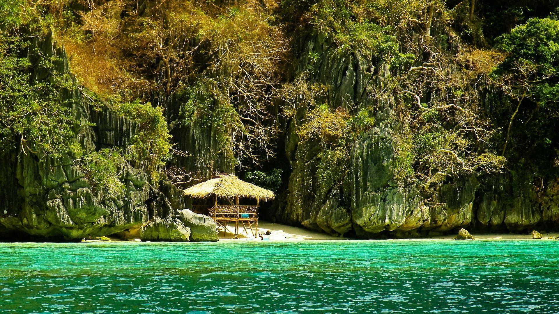 1920x1080 tropical, travel, cove, island, sand, Philippines, turquoise water, trees, beach, forest, hut, beautiful, sea, paradise, summer, vacations, cliffs wallpaper