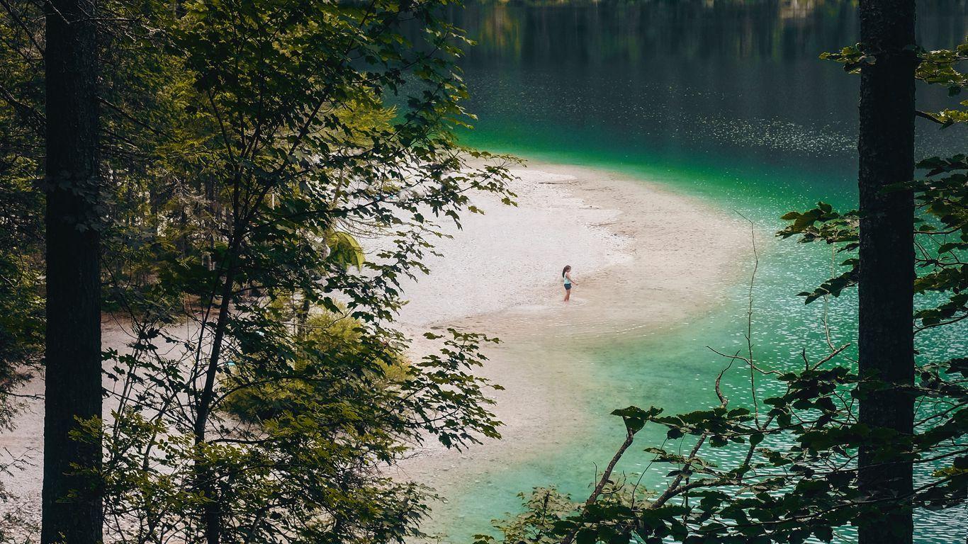 1366x768 Download wallpaper 1366x768 lake, beach, forest, mountains, nature tablet, laptop HD background