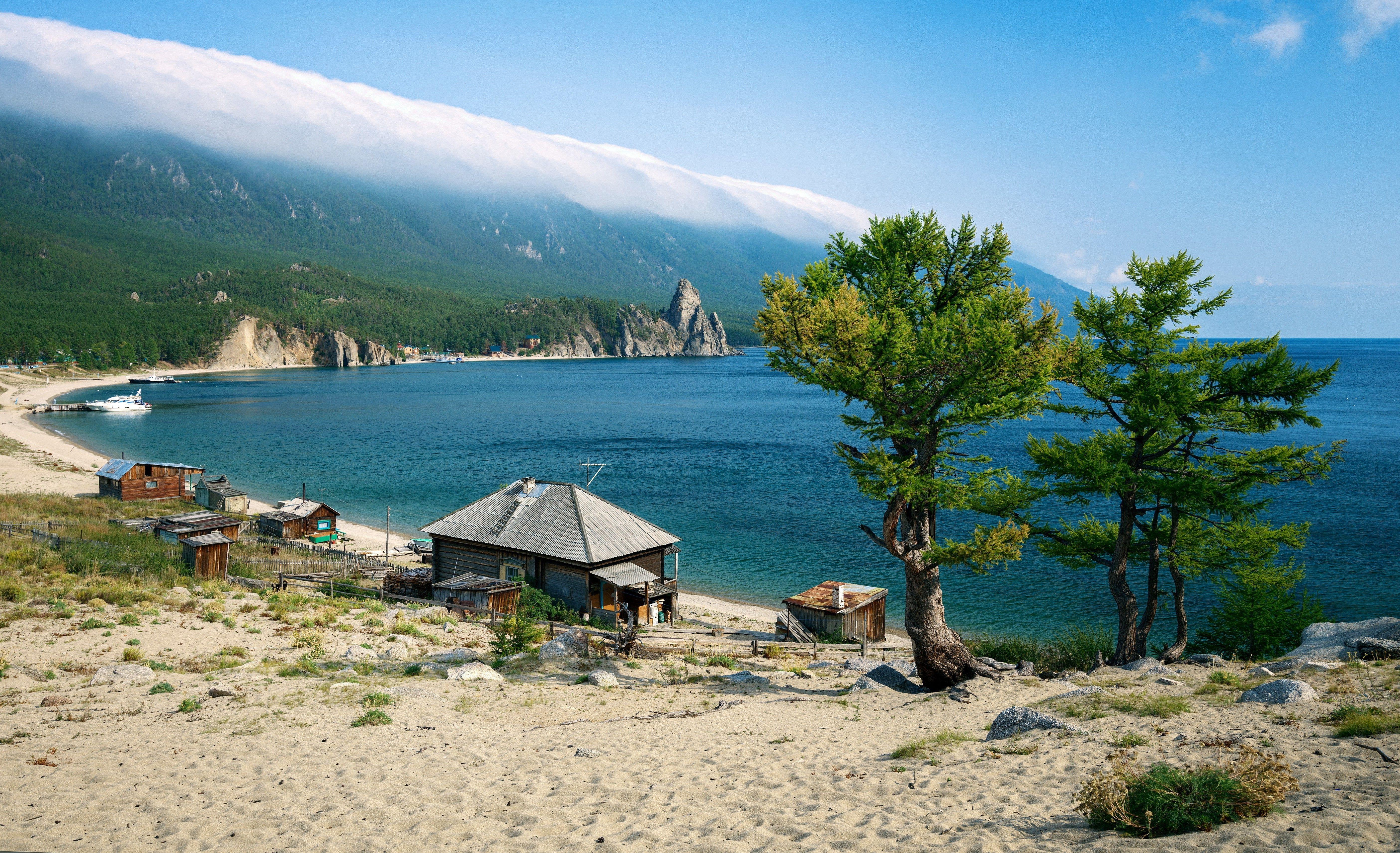 5616x3422 nature landscape water lake mountain trees clouds lake baikal russia house boat sand beach forest mist wallpaper