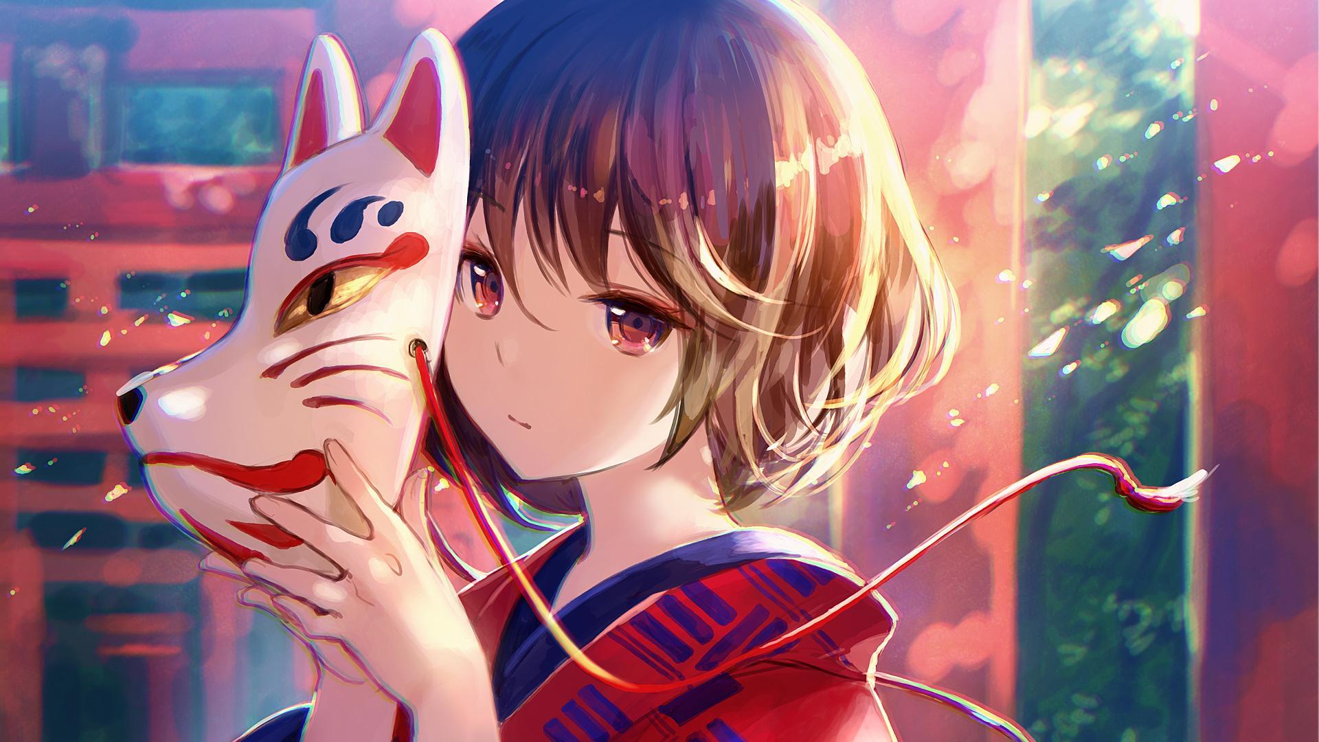 1920x1080 Fox Mask Anime Girl HD Wallpaper