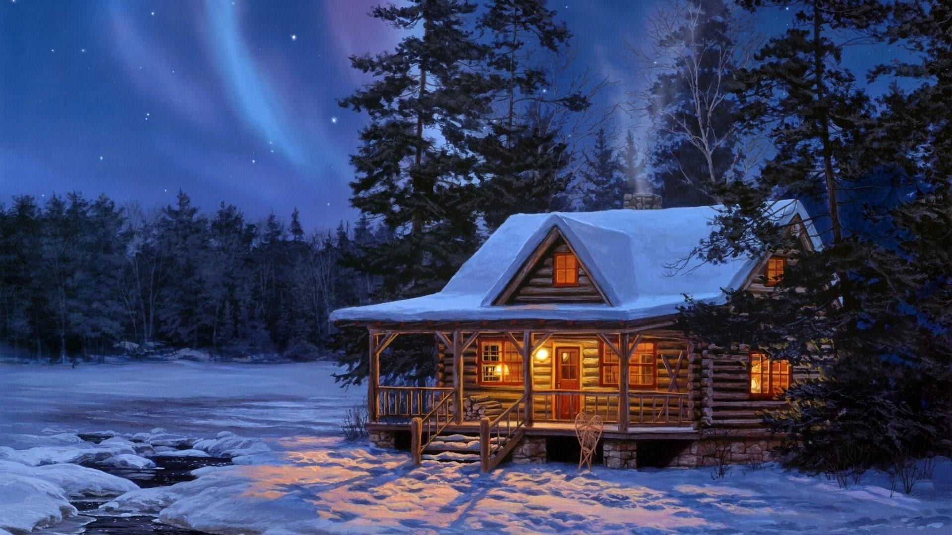 1920x1080 Log Cabin Winter Wallpaper