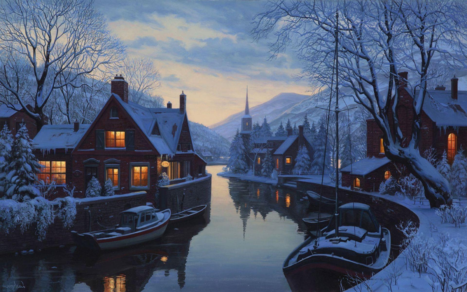 1920x1200 An old inn by the river painting winter chapel eugeny lu
