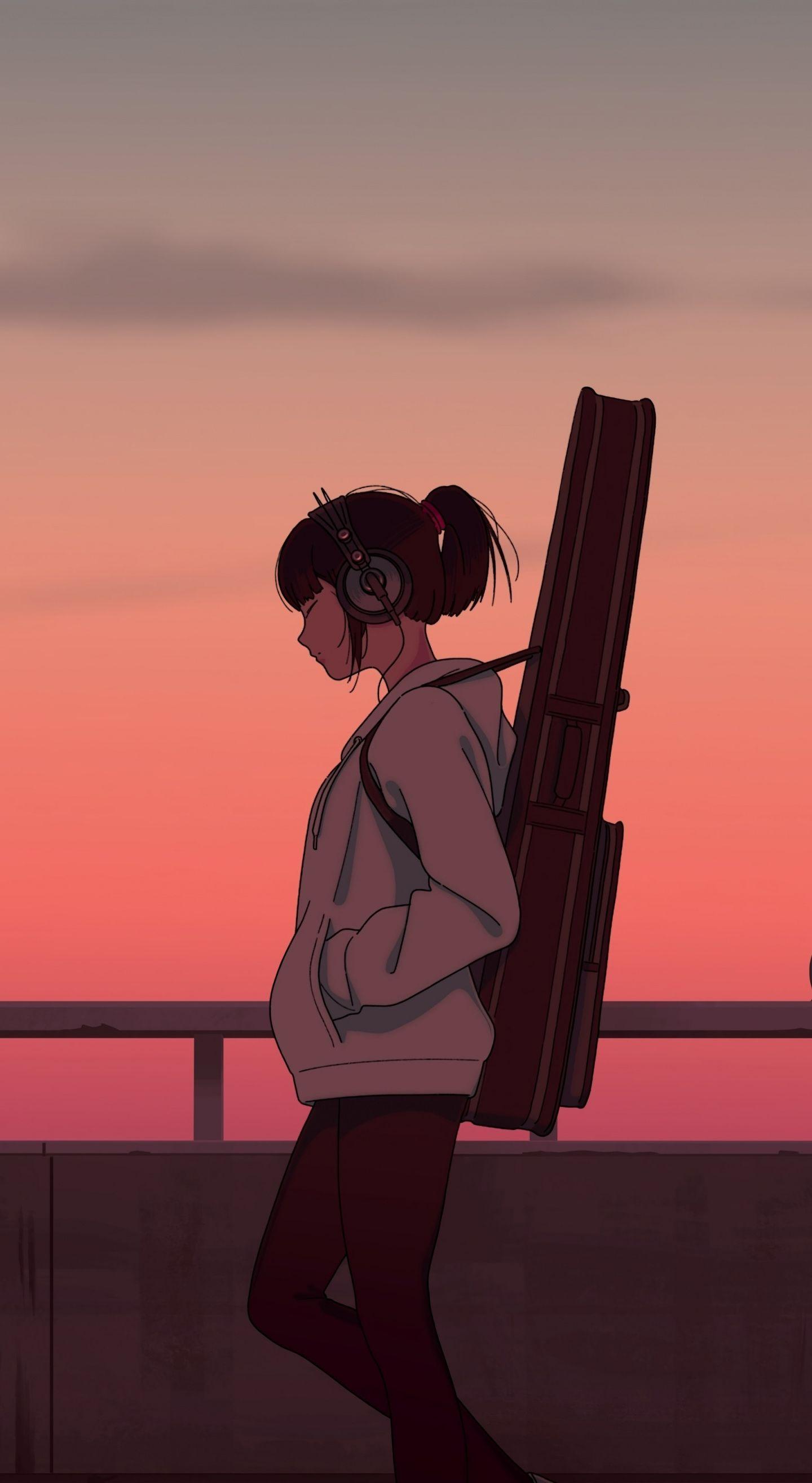 1440x2630 Download Girl musician, guitar, anime girl, sunset, art wallpaper, 1440x Samsung Galaxy Note 8