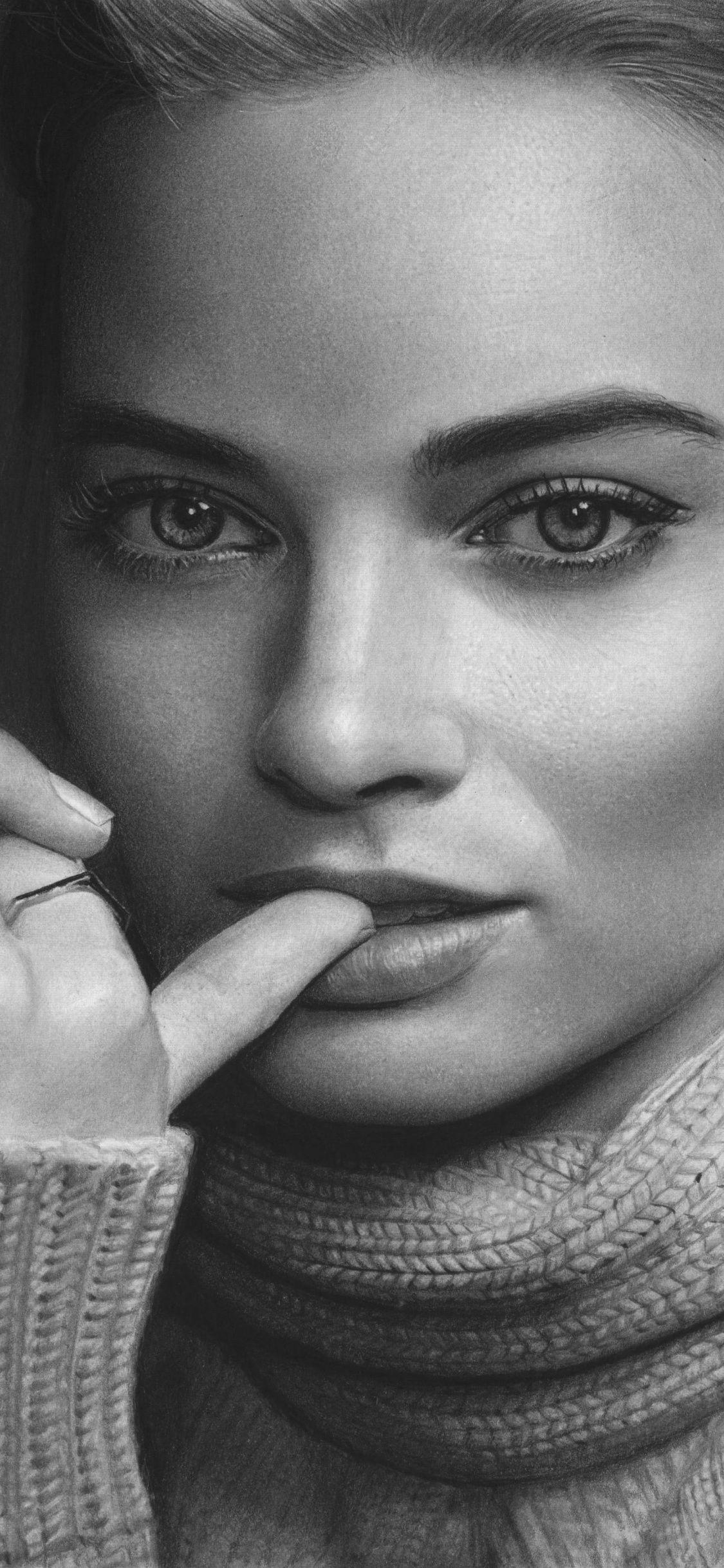 1125x2436 Margot Robbie, bw, pencil art, 1125x2436 wallpaper. Artist film, Celebrity wallpaper, Female artists
