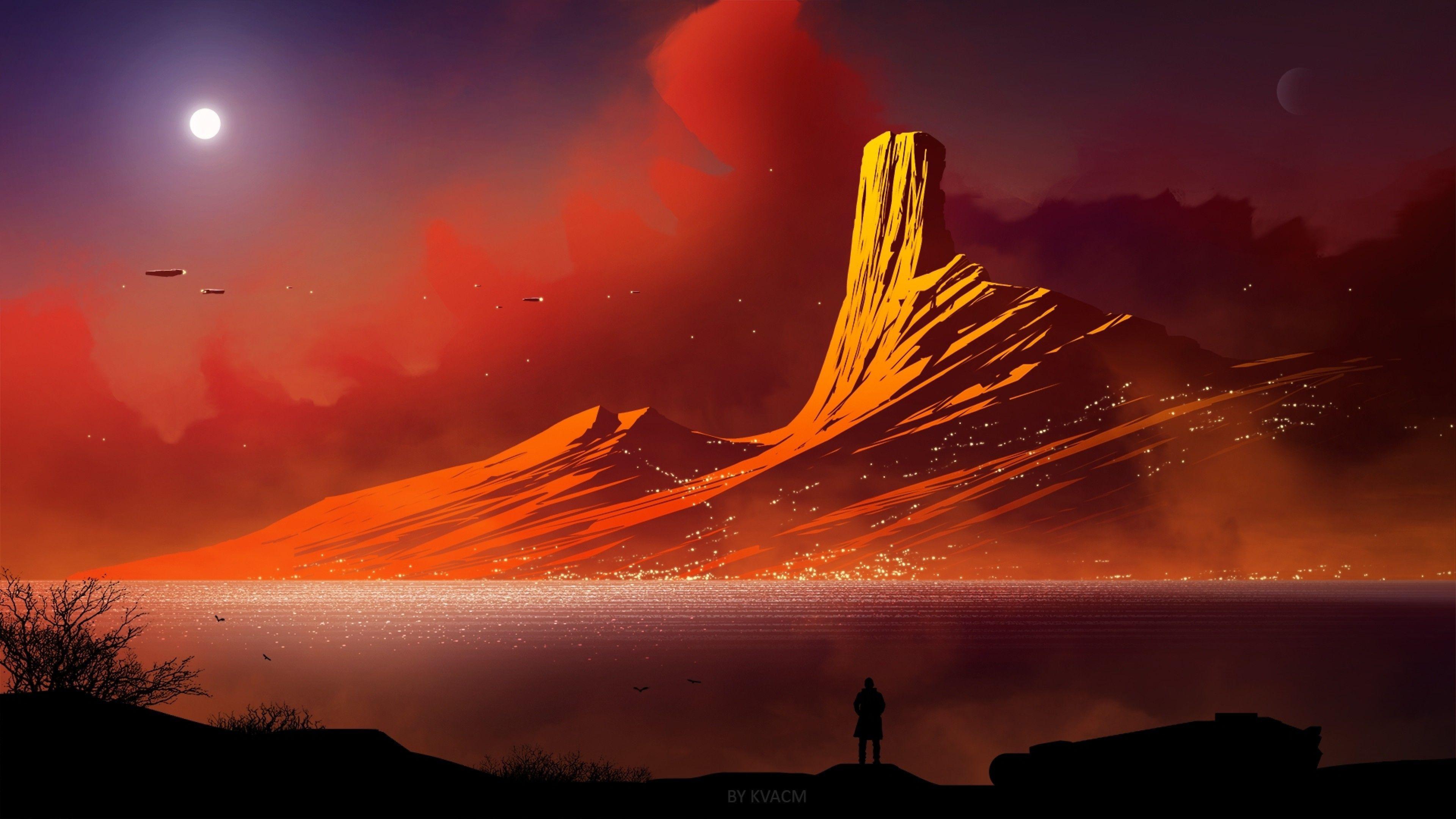 3840x2160 Download 3840x2160 Mountain, Moon, Sky, Lonely Man, Flat Art Wallpaper for UHD TV