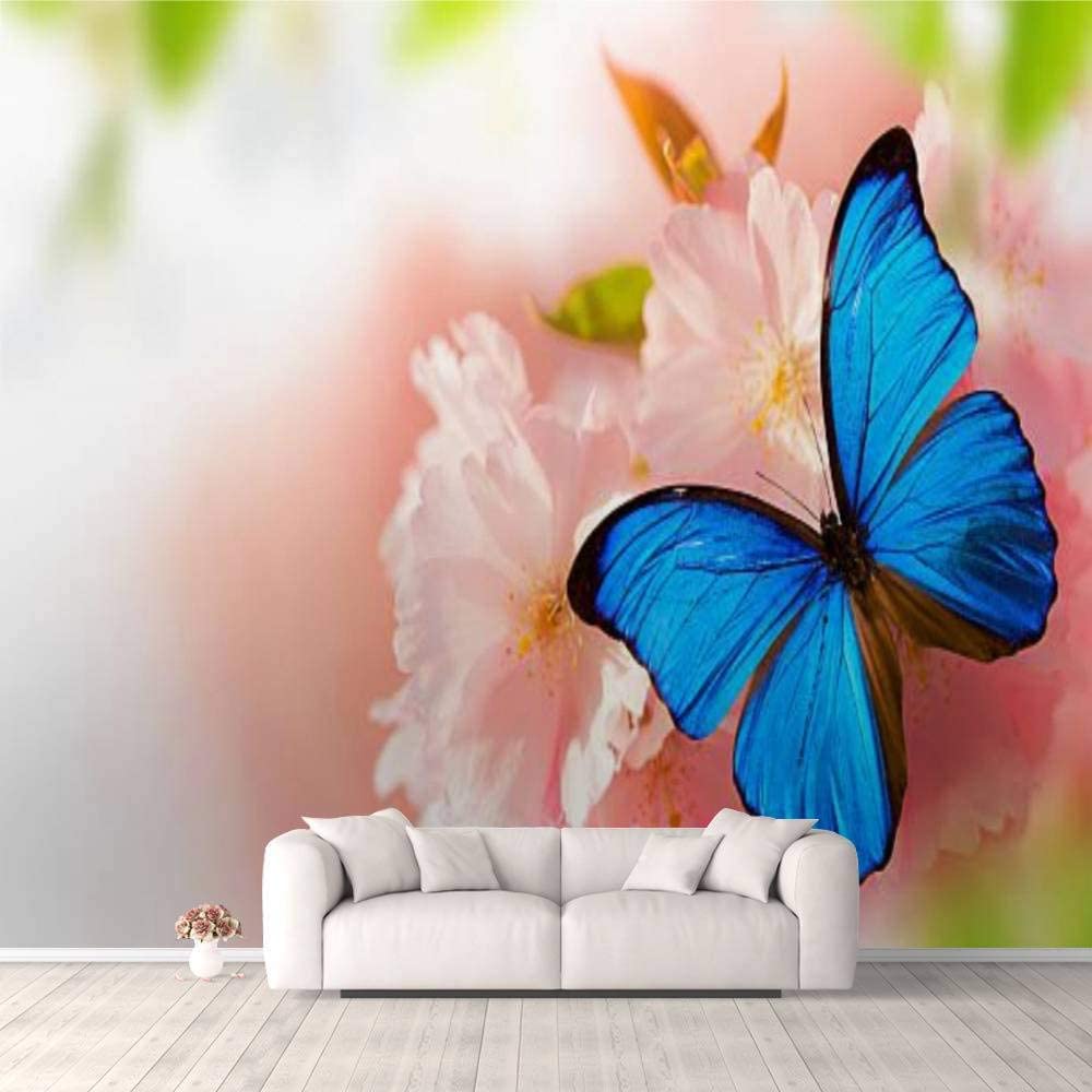 1000x1000 3D Wallpaper Beautiful Cherry Tree Blossoms with Exotic Butterfly Butterflies on Self Adhesive Bedroom Living Room Dormitory Decor Wall Mural Stick and Peel Background Wall Ceiling Wardrobe Sticker: Home & Kitchen