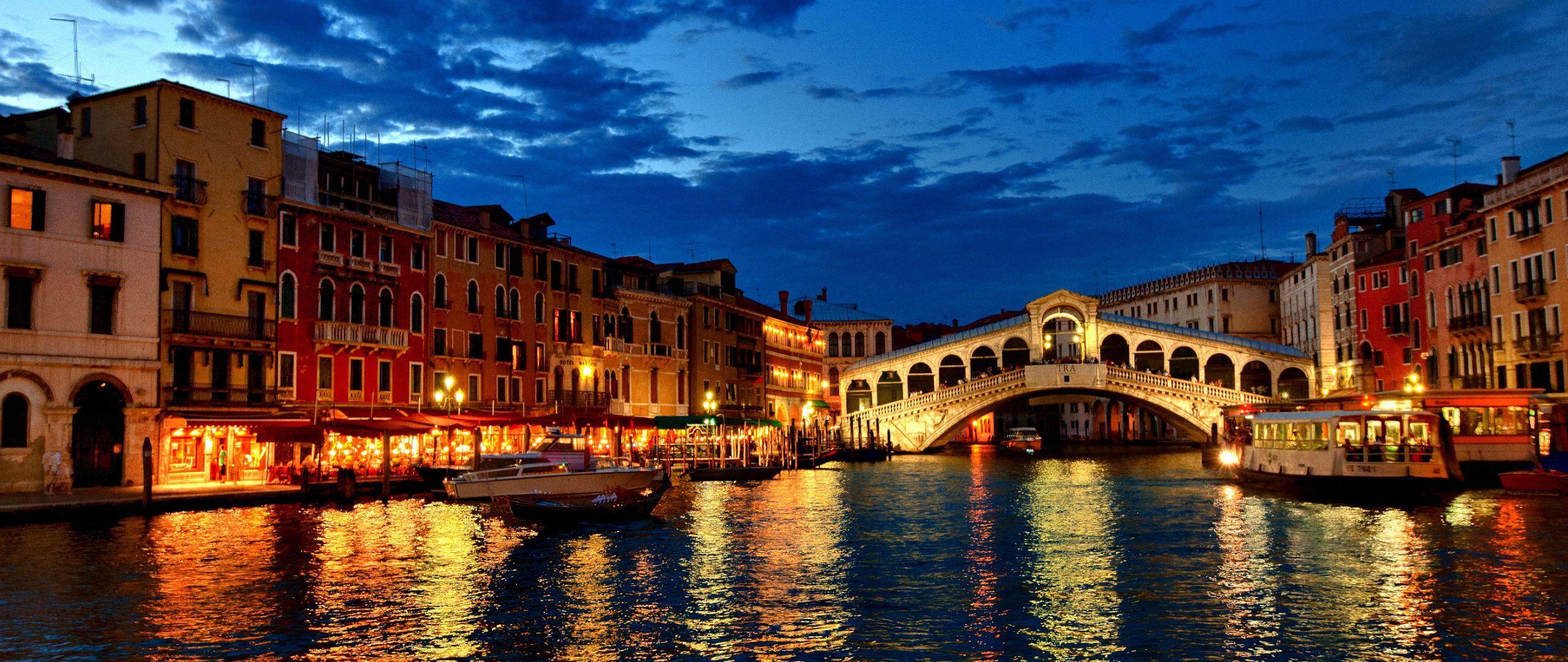 2560x1080 Download wallpaper 2560x1080 venice, canal, gondola, boat, night, lights, houses, clouds, italy dual wide 1080p HD background
