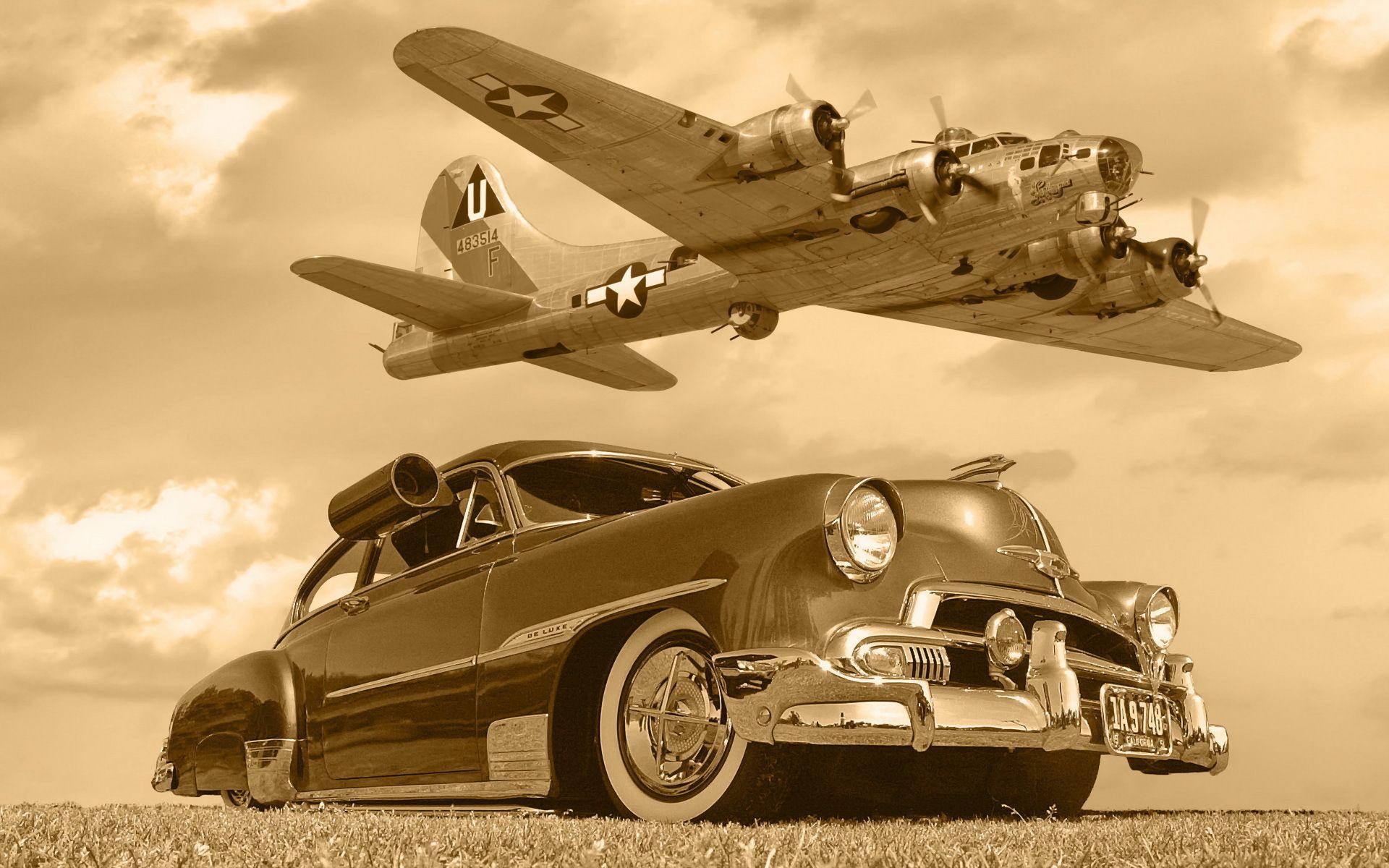 1920x1200 chevrolet, B Car, Plane, Aircrafts, Lowrider, Classic, Military, Flight, Fly, Sepia, Monochrome, Sky, Clouds Wallpaper HD / Desktop and Mobile Background