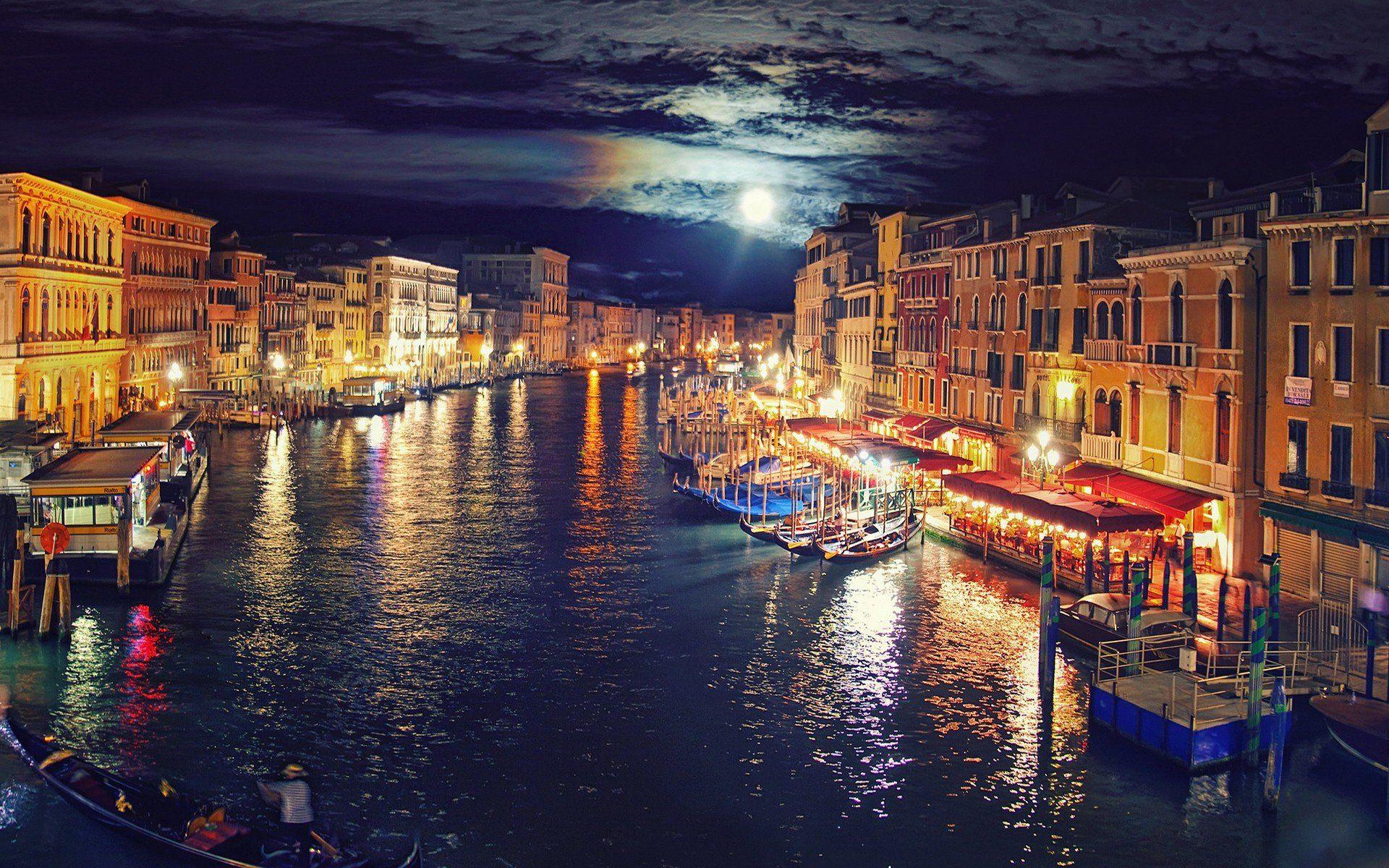 1920x1200 canal, Gondolas, Cityscape, Lights, Moon, Venice, Italy HD Wallpaper / Desktop and Mobile Image & Photo