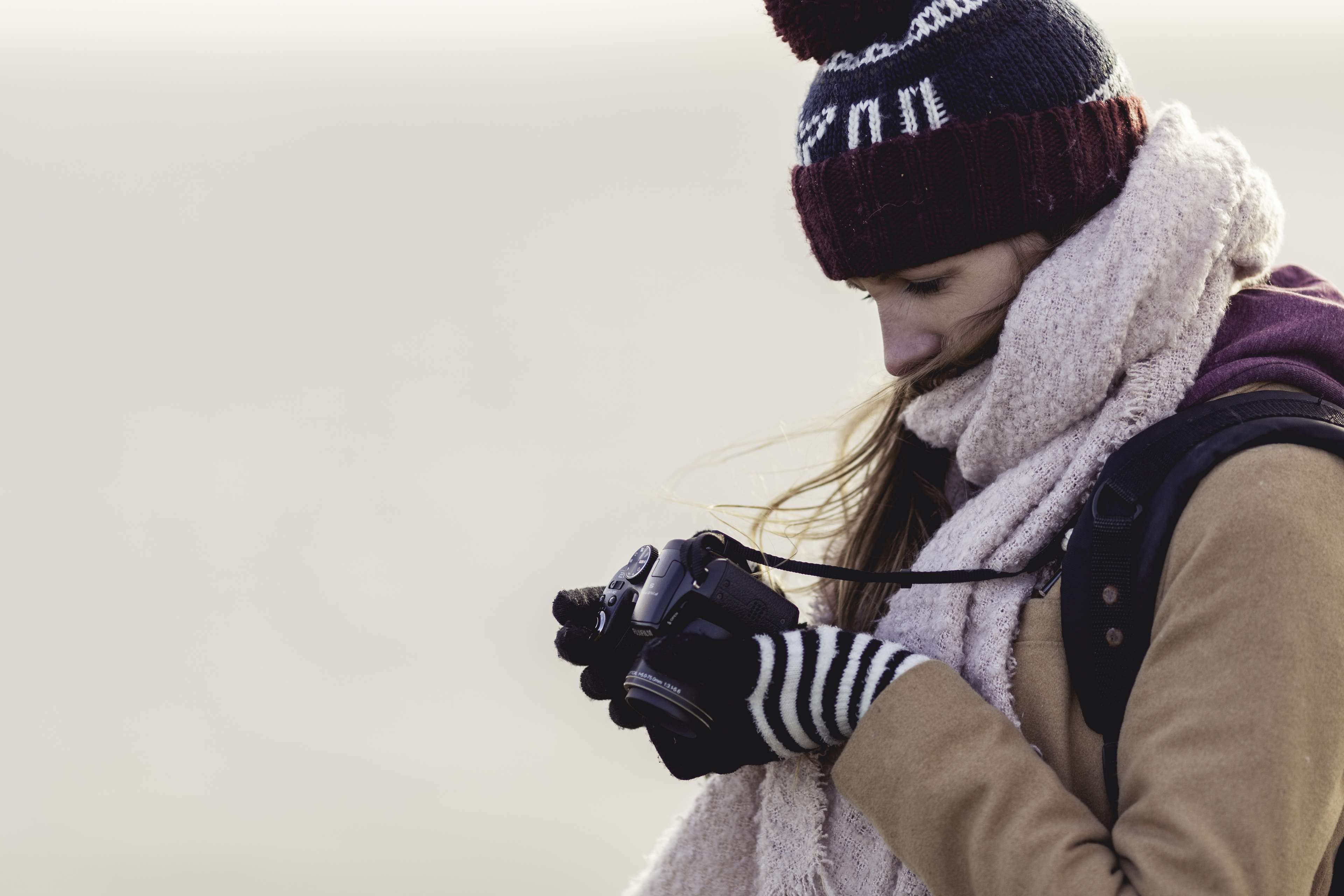 3840x2560 camera, fashion, girl, hat, person, photographer, scarf, taking photo, whitespace, winter, woman 4k wallpaper