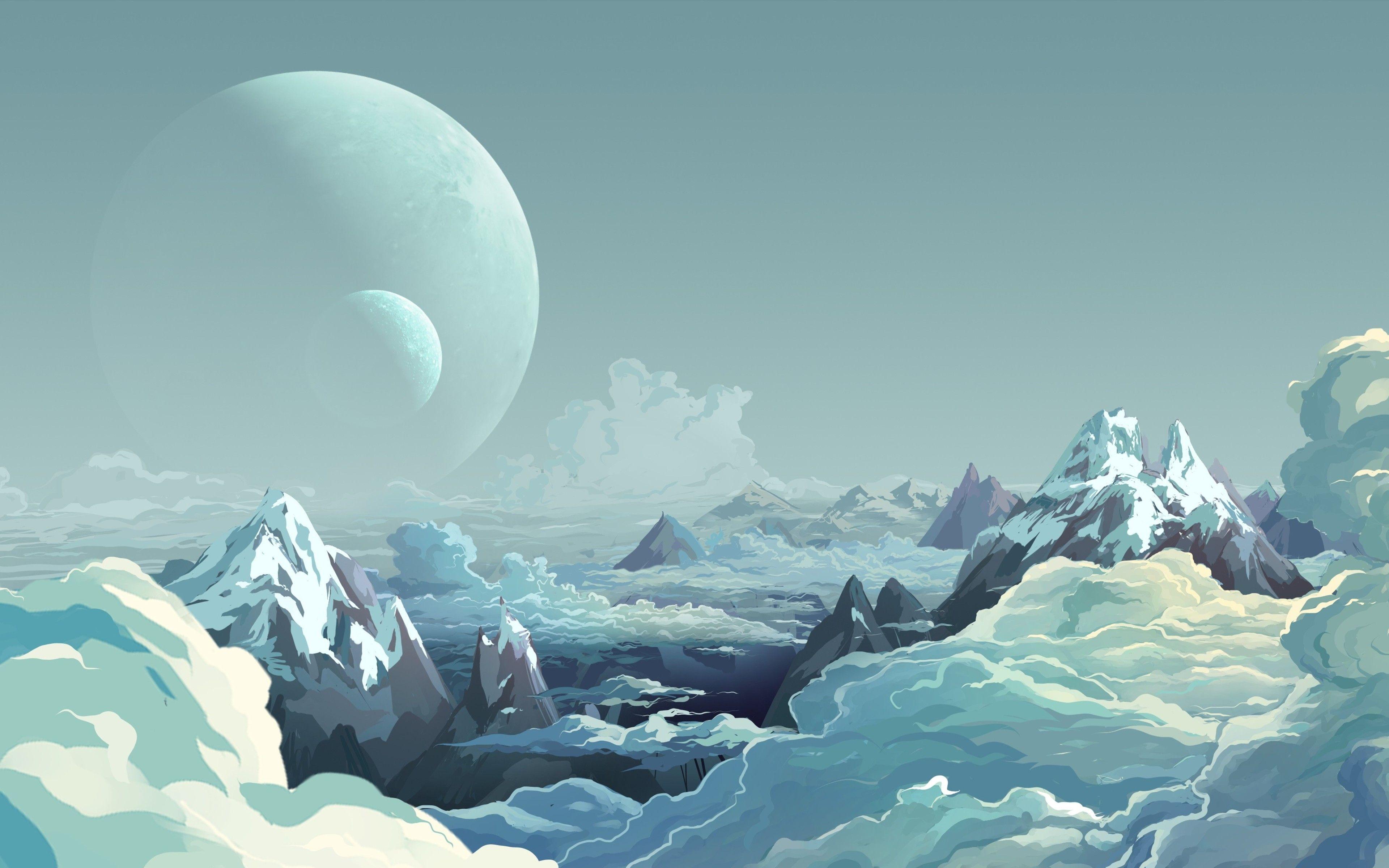 3840x2400 Download wallpaper 4k, moon, mountains, winter, digital art for desktop with resolution 3840x2400. High Quality HD picture wallpaper