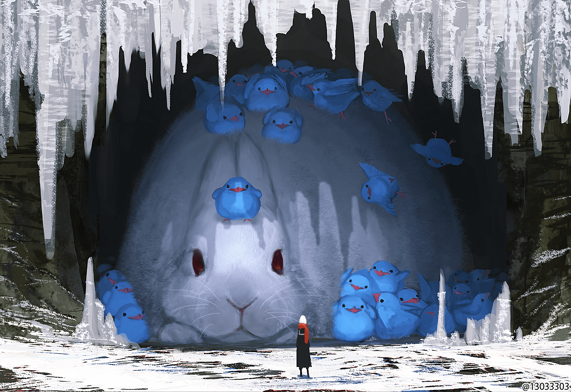 1920x1319 Fantasy Art Rabbits Birds Winter Digital Art Giant Animals Illustration Wallpaper:1920x1319