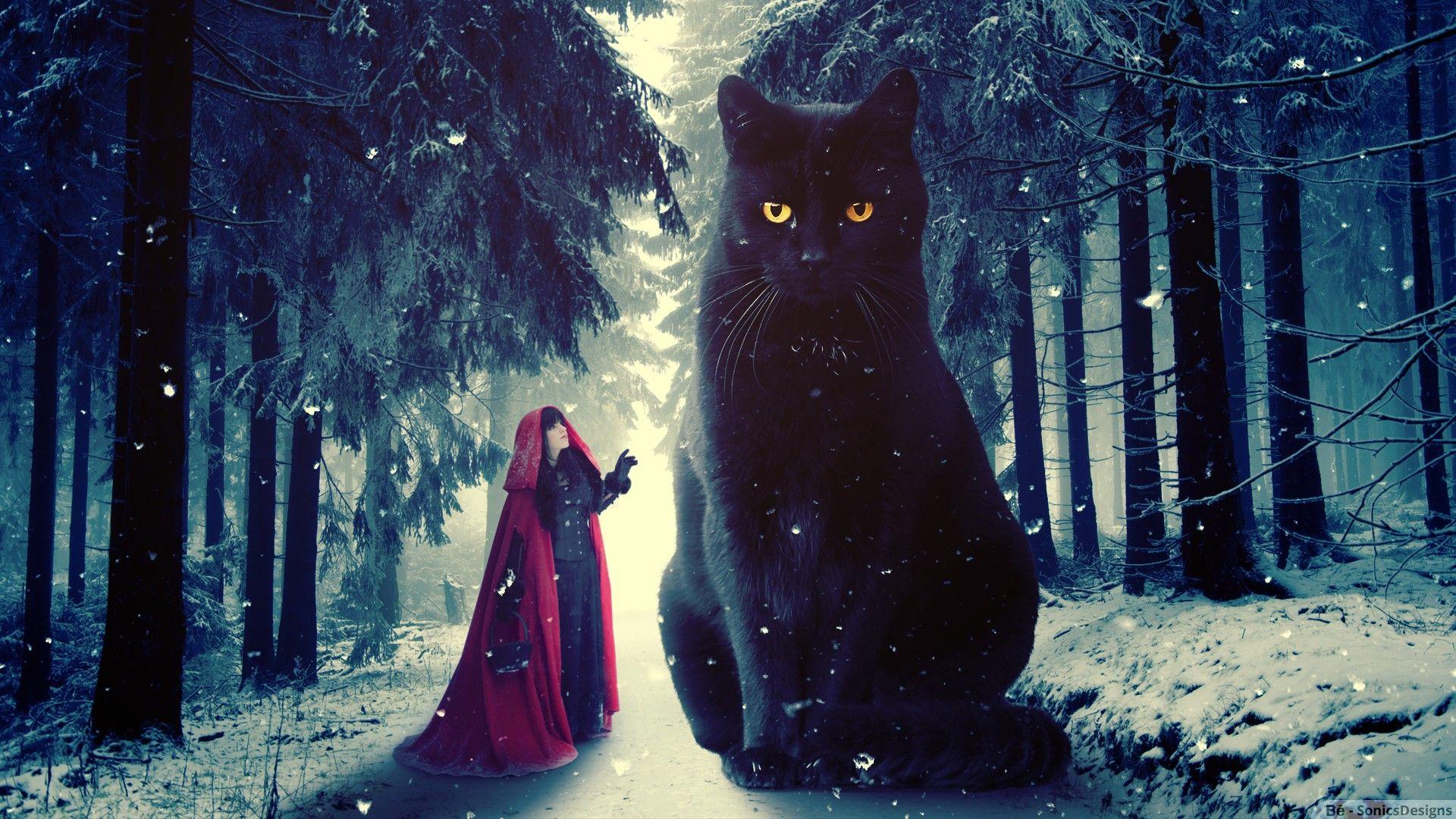 1920x1080 Red Riding Hood, Cat, Snow, Winter, Photo Manipulation, Photohop, Digital Art Wallpaper HD / Desktop and Mobile Background