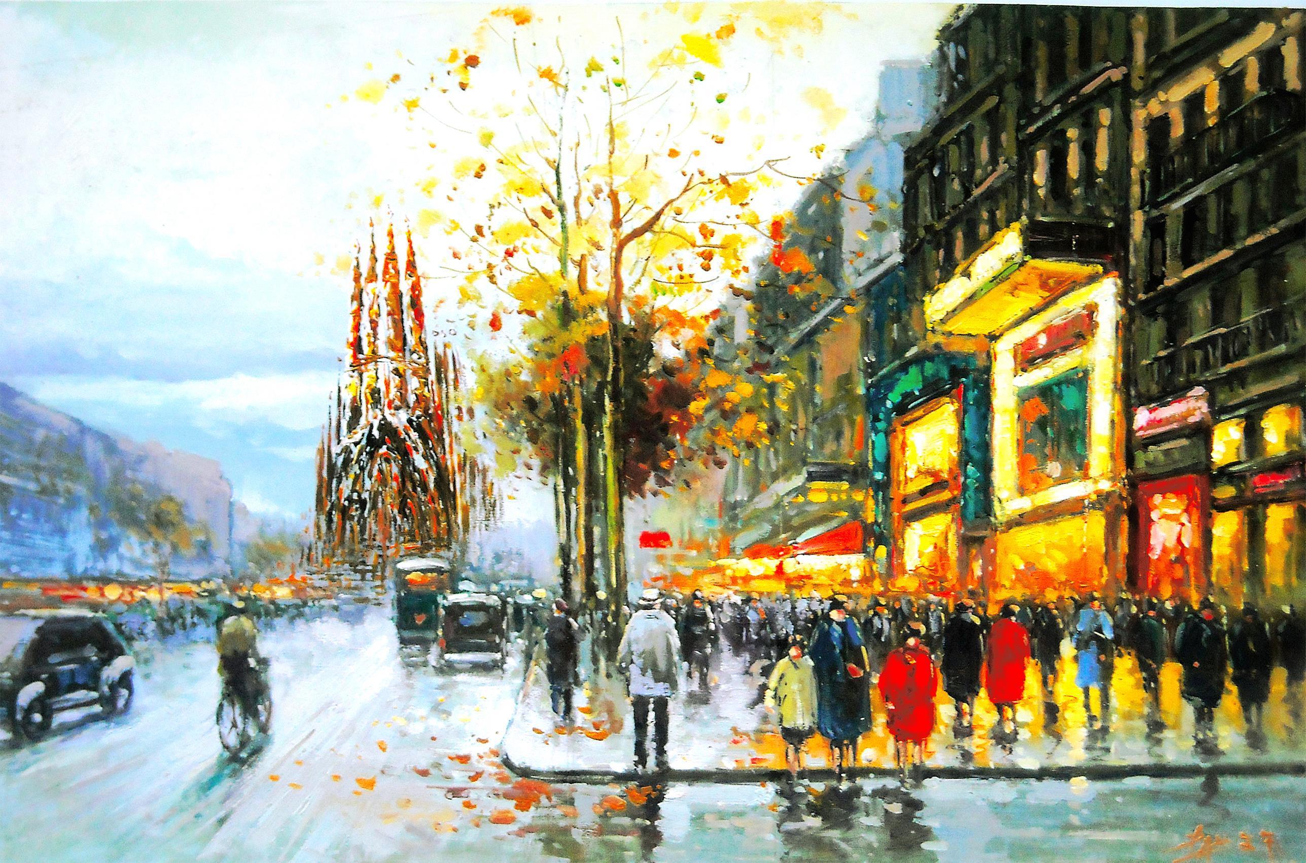 2575x1701 barcelona, Aeyaeygaudi, Cathedral, Views, People, Trees, City, Street, Rain, Autumn, Painting Wallpaper HD / Desktop and Mobile Background