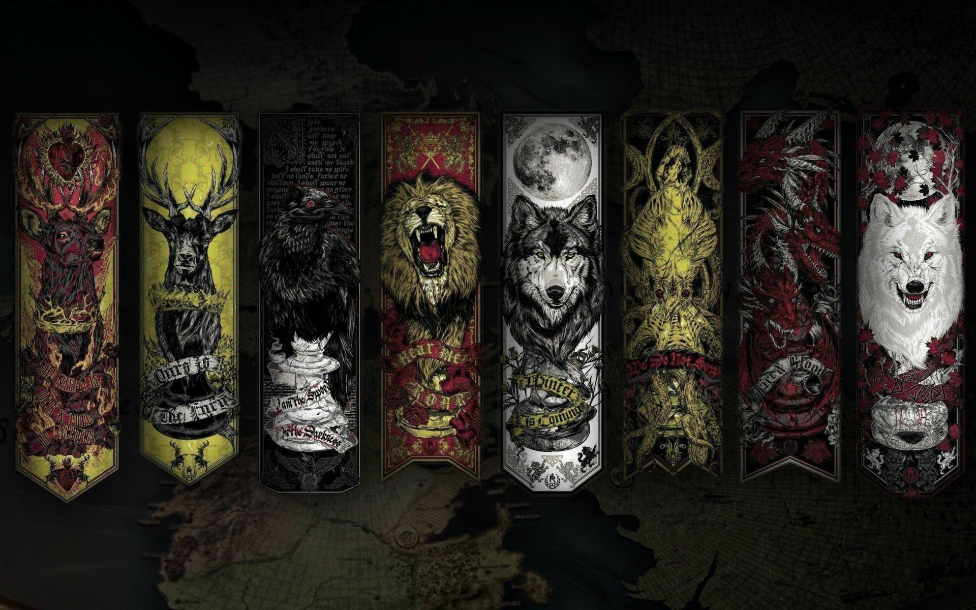 1920x1200 #House Stark, #quote, #stags, #House Baratheon, #lion, #House Greyjoy, #Winter Is Coming, #House Lannister, #wolf, #Game of Thrones, #sigils, #A Song of Ice and Fire, #text, #House Targaryen, wallpaper