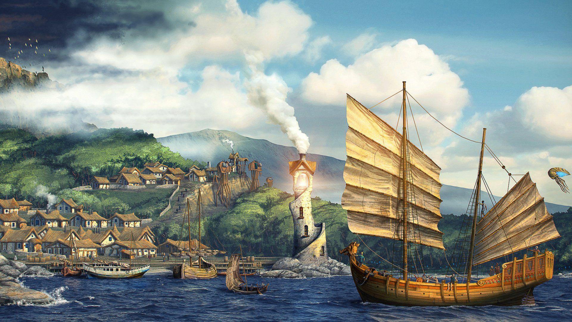 1920x1080 1920x1080 sailing ship lighthouse boat town digital art the elder scrolls iii morrowind wallpaper JPG 449 kB