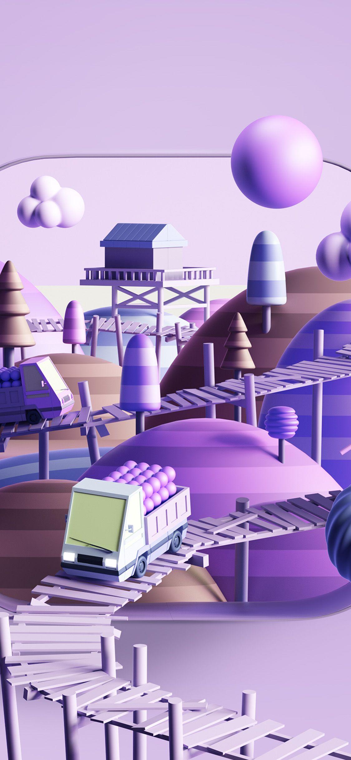 1125x2436 iPhone X wallpaper. art illust 3D cute town purple