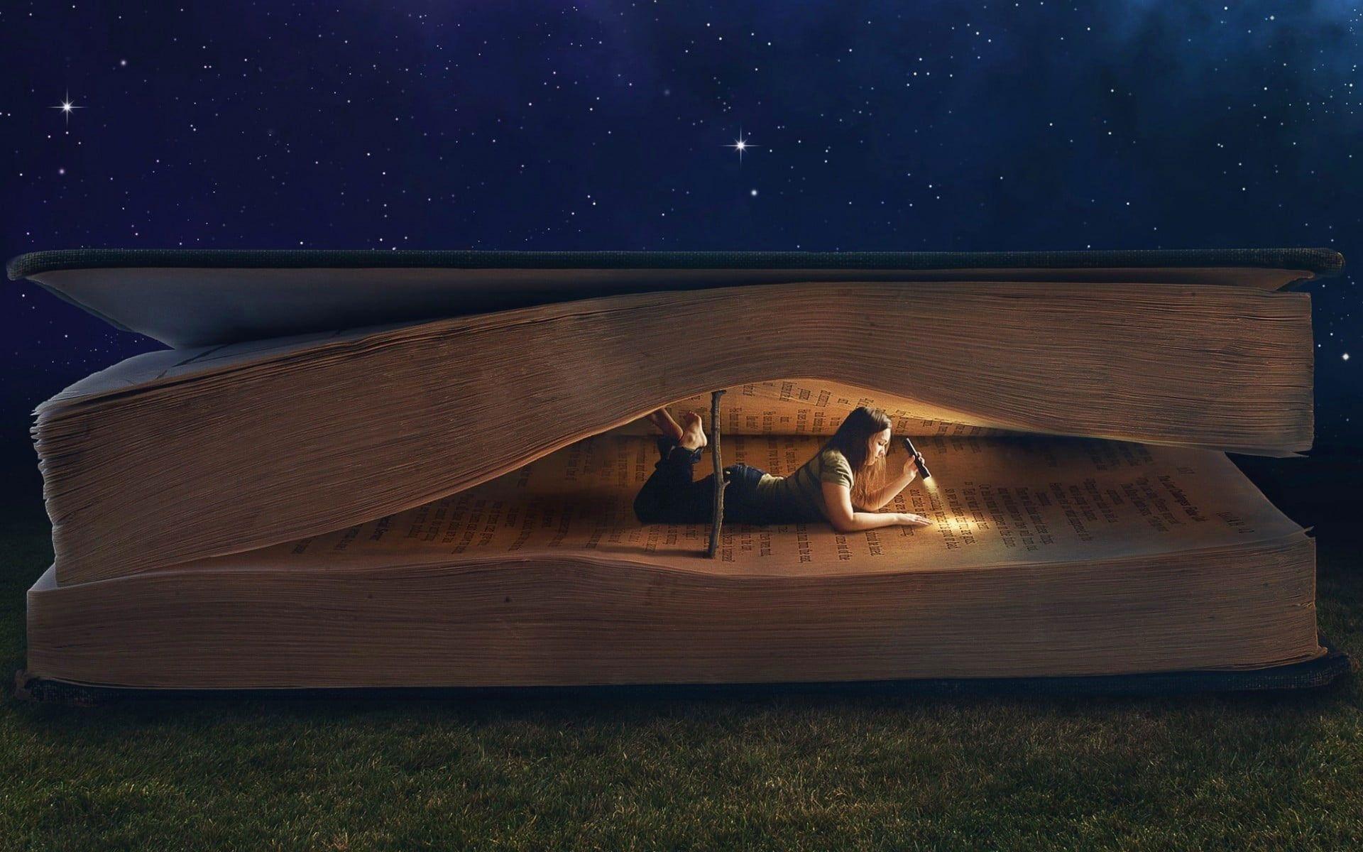 1920x1200 Woman reading book optical illusion painting wallpaper, fantasy art, artwork • Wallpaper For You HD Wallpaper For Desktop & Mobile