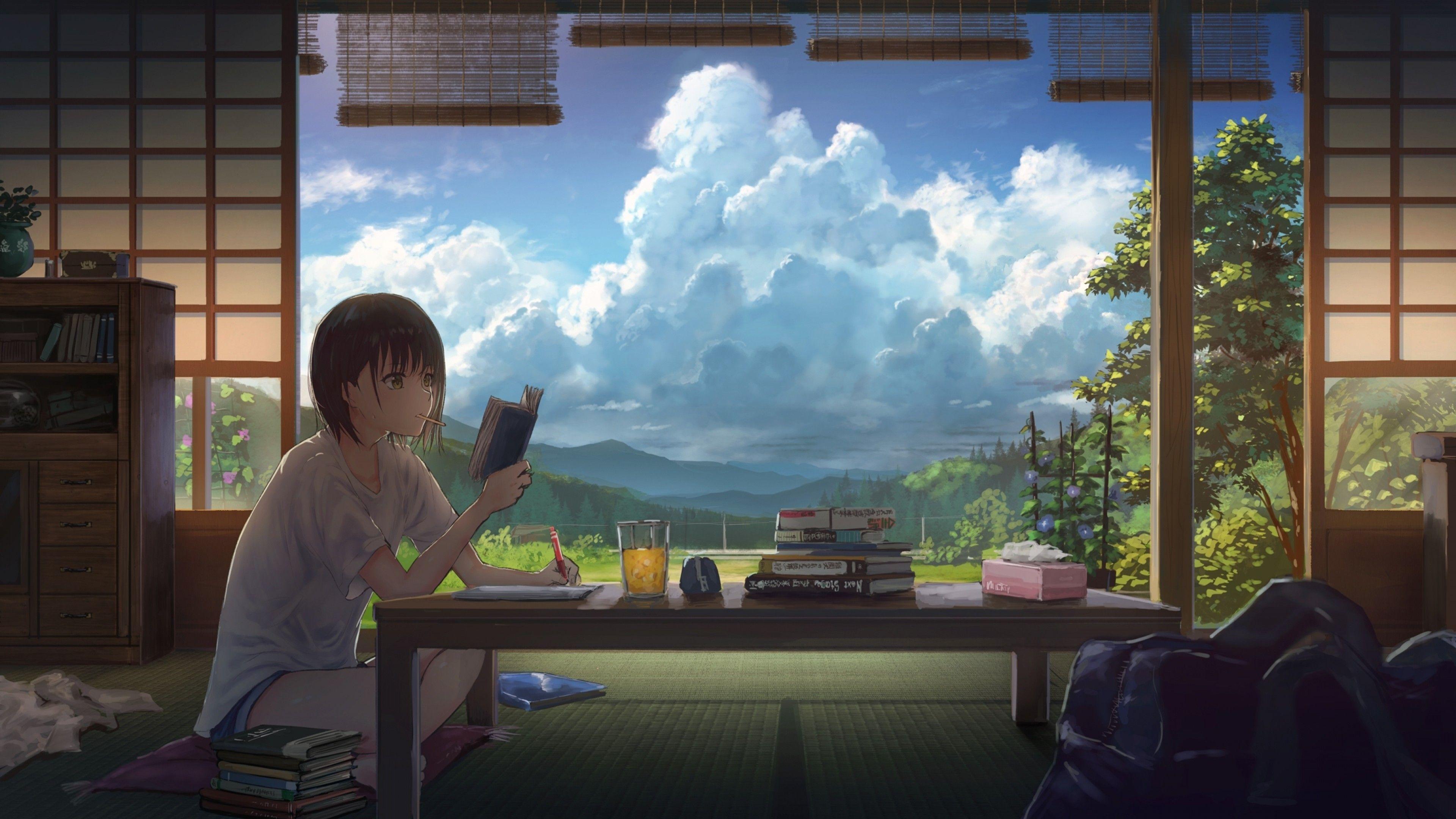 3840x2160 Download 3840x2160 Anime Girl, Reading, Summer, Clouds, Scenic, Short Hair Wallpaper for UHD TV