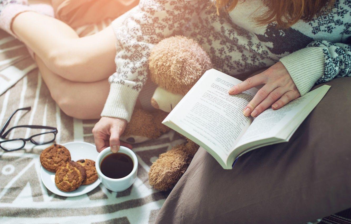 1332x850 Wallpaper girl, coffee, cookies, Girl, Cup, bed, book, book, bed, coffee, reading, socks, warm, drinking image for desktop, section настроения