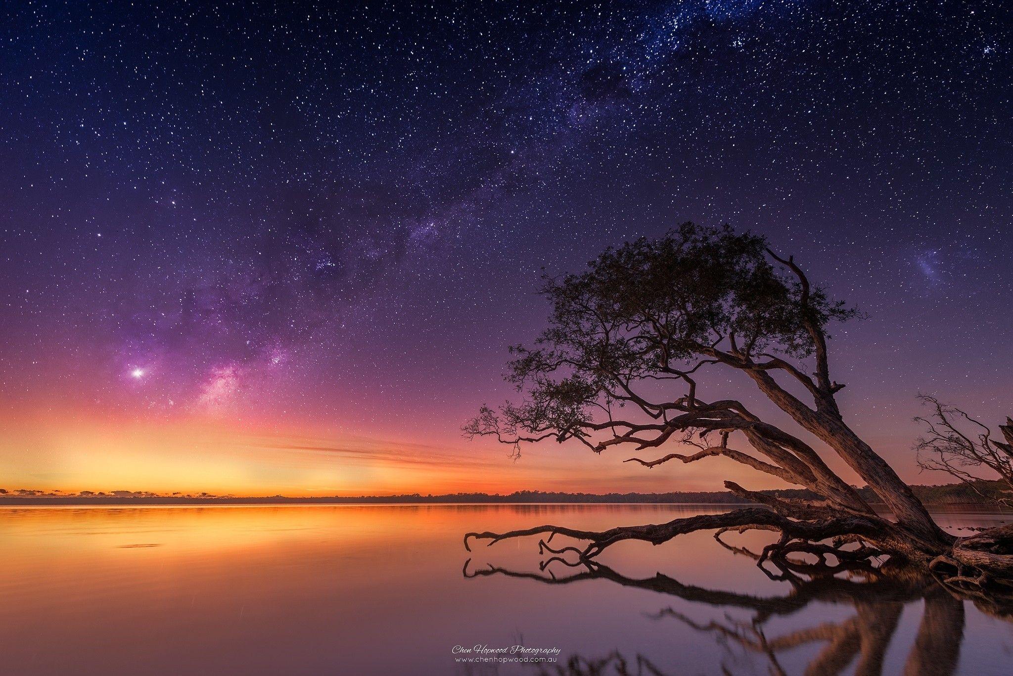 2048x1367 landscape sea trees stars wallpaper