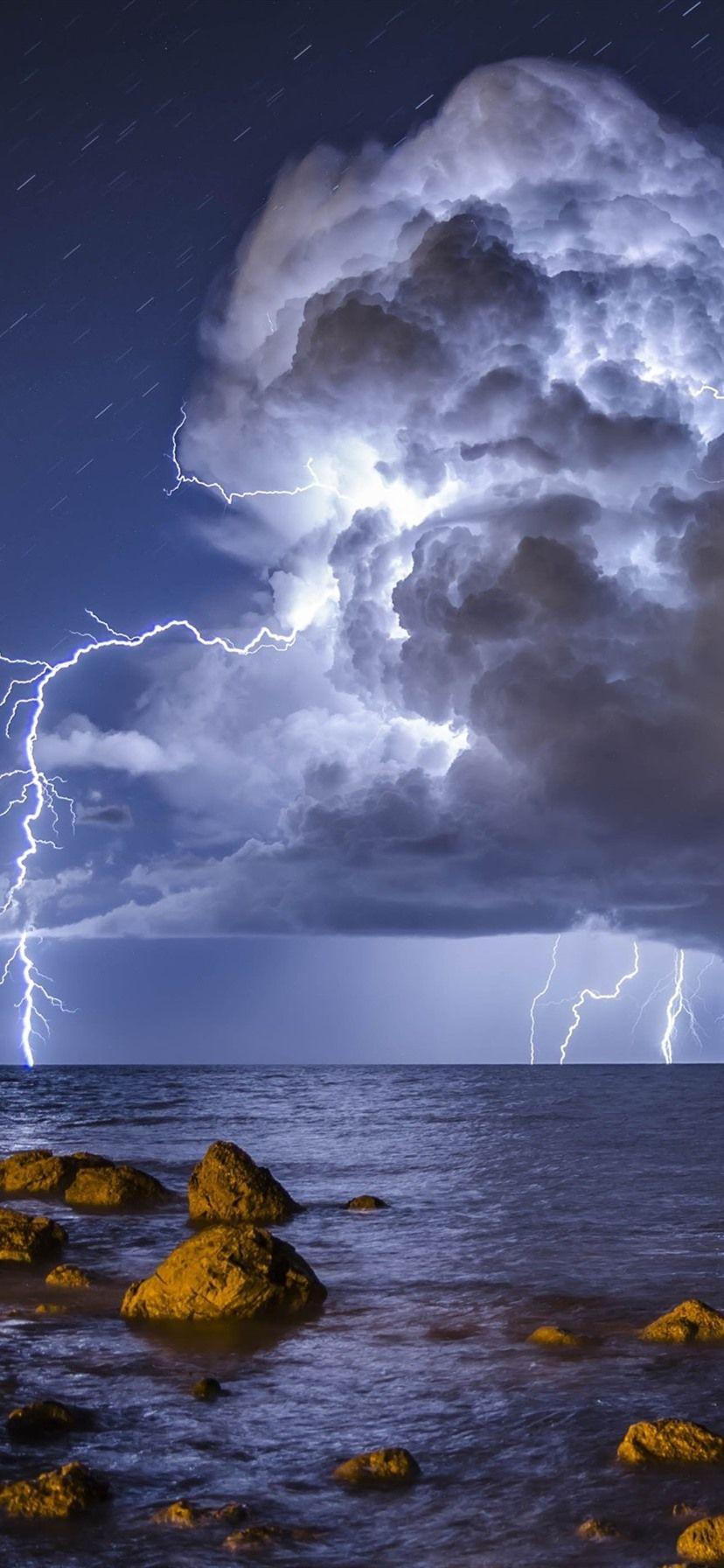 828x1792 Storm, Lightning, Sea, Stones 1080x1920 IPhone 8 7 6 6S Plus Wallpaper, Background, Picture, Image