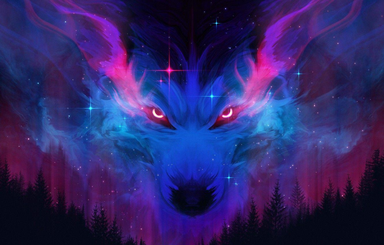 1332x850 Wallpaper Winter, Night, Stars, Look, Forest, Eyes, Wolf, Face, Art, Art, Wolf, Eyes, Animal, Animal, Starry sky, Josef Bartoň image for desktop, section арт