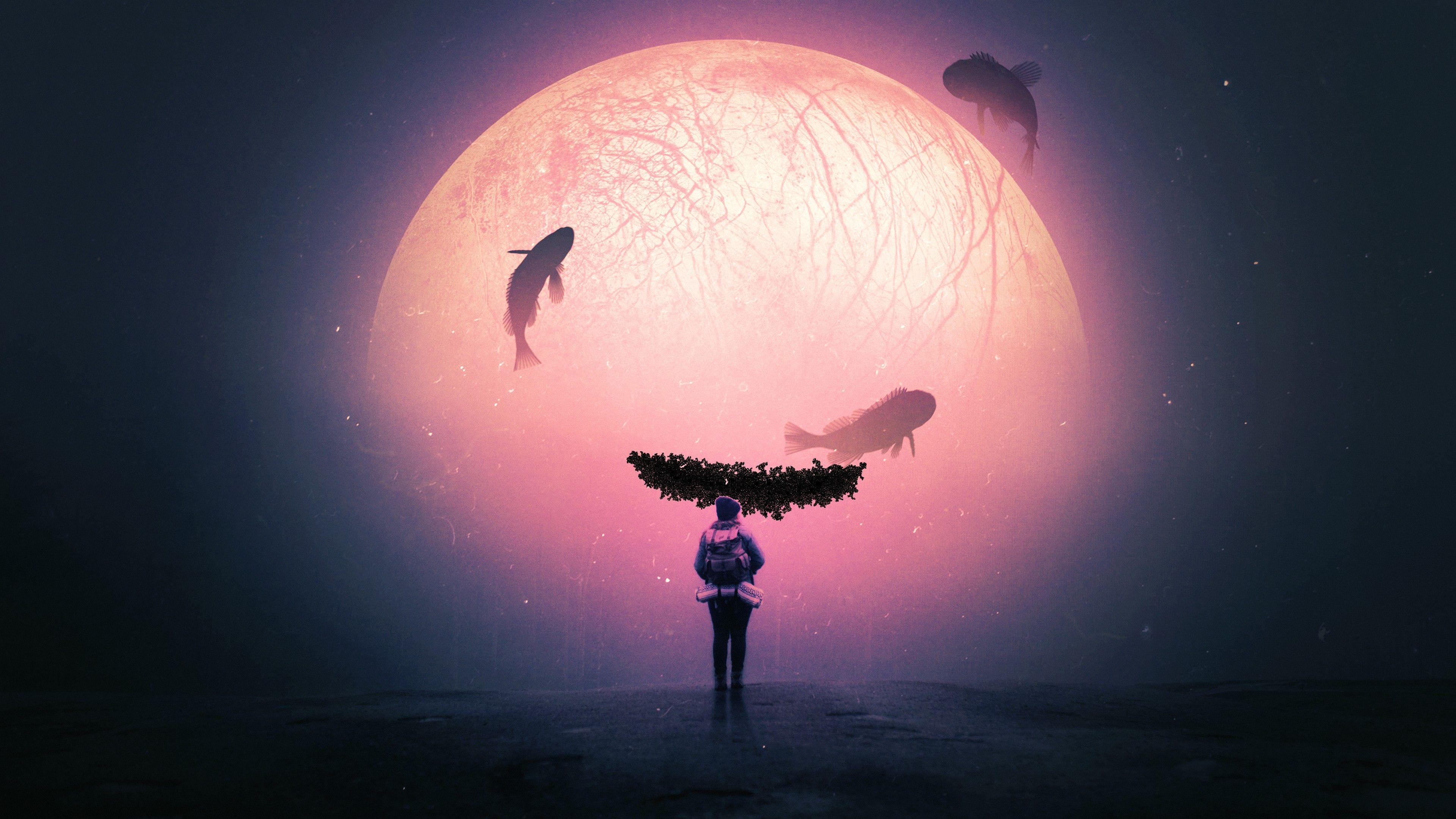 3840x2160 Alone 4K Wallpaper, Surreal, Dream, Fishes, Moon, Travel, Explorer, Fantasy