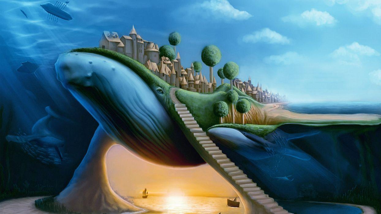 1244x700 Animals whales surreal dream fantasy whale cities travel ocean sea architecture buildings wallpaperx1080