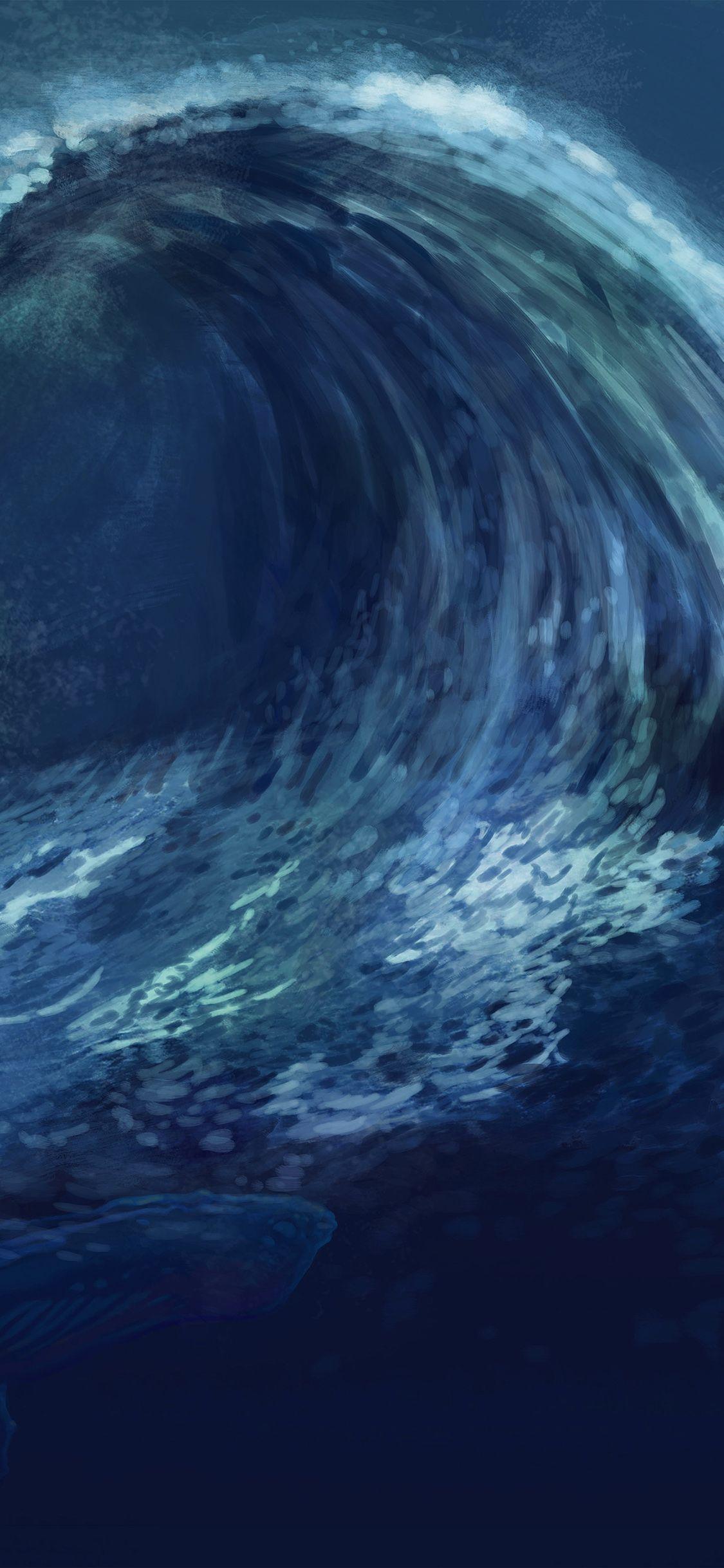 1125x2436 iPhone X wallpaper. wave blue whale art illust