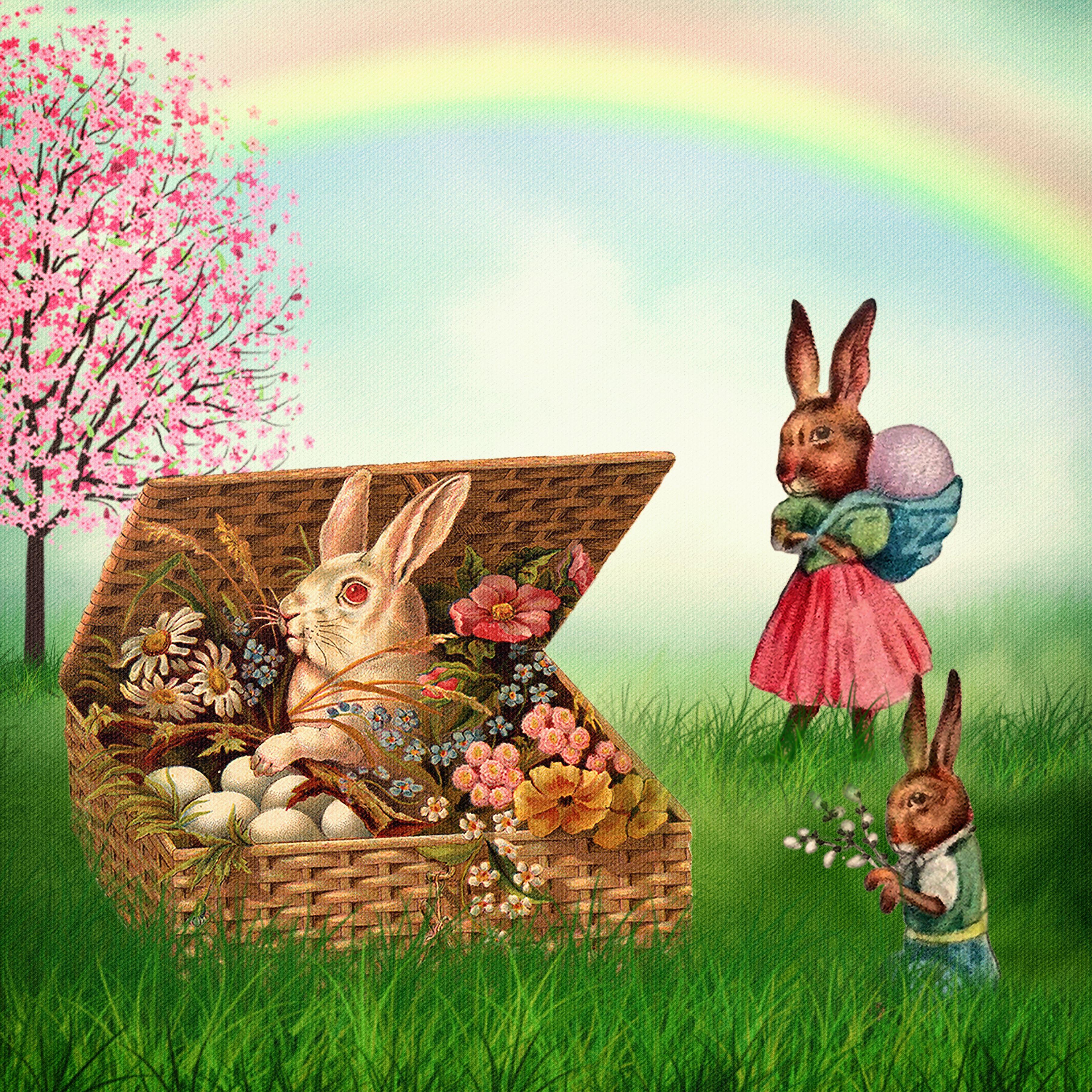 3600x3600 Free Image : easter card, vintage, easter bunny, basket, flowers, sweet, cute, meadow, space for text, old, easter eggs, scrapbooking, traditional, retro, easter festival, easter greeting, antique, decorative, nostalgia, illustration, rabbit, grass