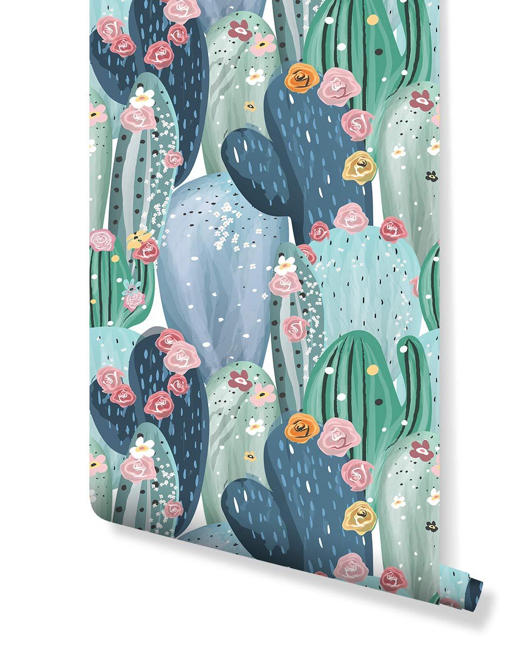 1088x1368 CostaCover Floral Self Adhesive Removable Wallpaper with Pastel Color Vintage Cactus, Succulents, Cacti with Pink White Yellow Flowers Wall Mural CC183: Handmade