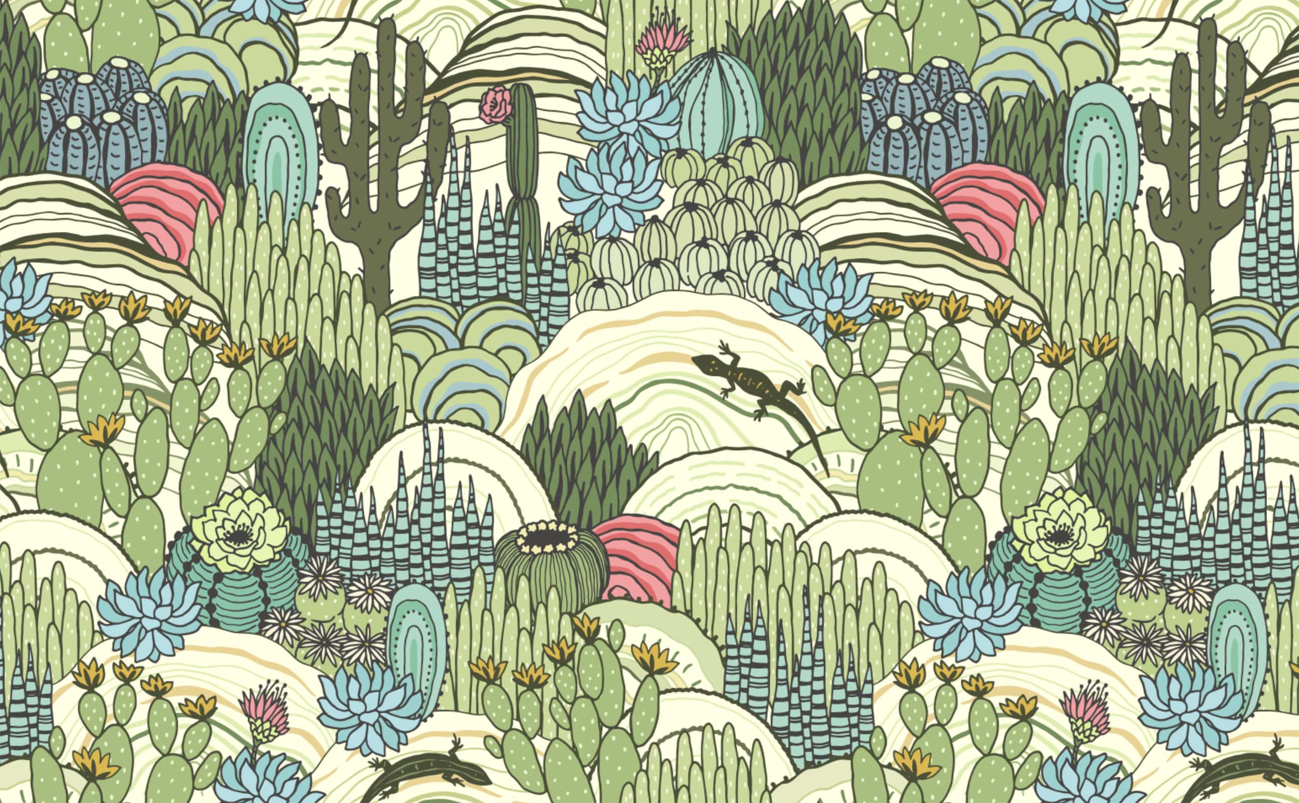 2592x1602 Playful cactus desert landscape illustrated seamless Wallpaper for Walls