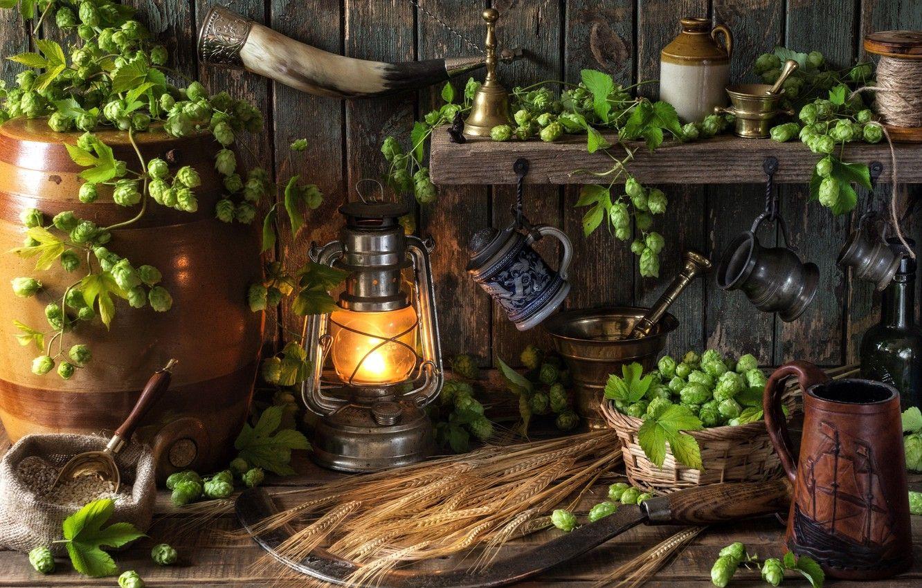 1332x850 Wallpaper mug, lantern, still life, barrel, hammer, barley, horn, hops image for desktop, section разное