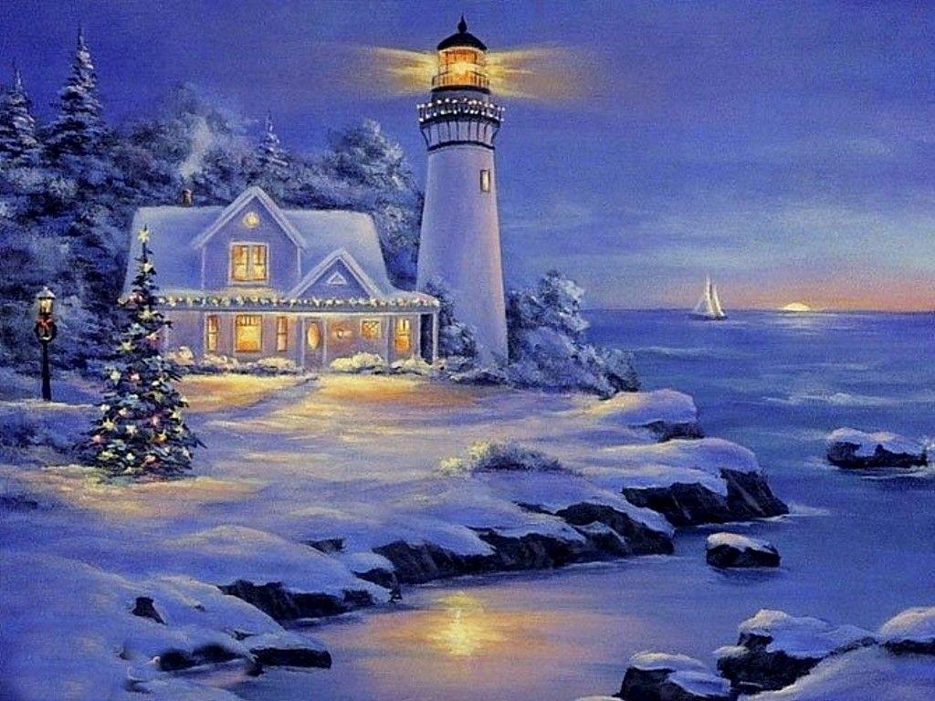 1024x768 Winter Lighthouse Wallpaper Desktop