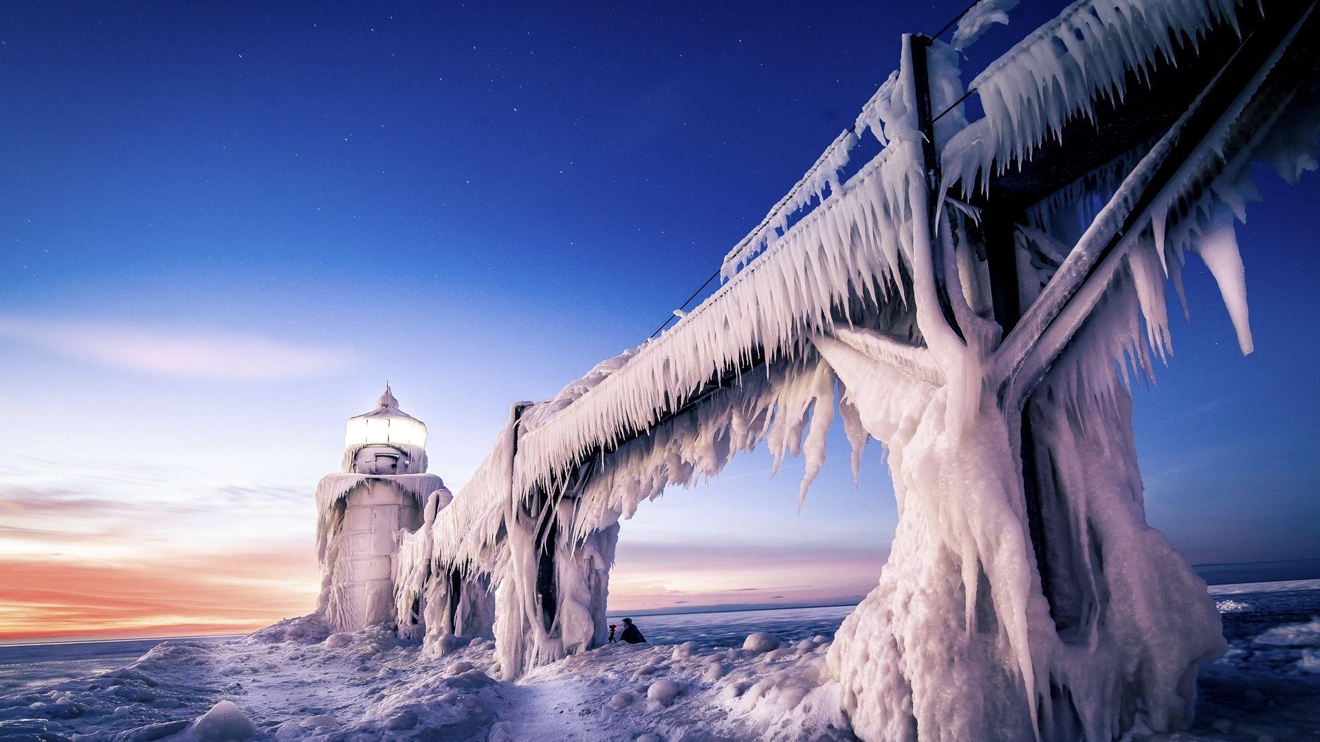 1920x1080 Lighthouse Beach In Winter Ice Windows 10 HD Wallpaper