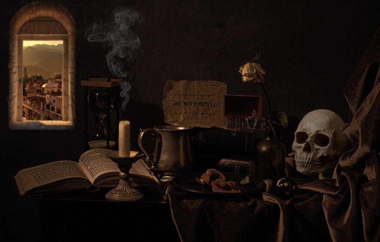 1332x850 Wallpaper style, notes, the dark background, table, smoke, rose, skull, candle, window, dishes, fabric, box, still life, notebook, items, hourglass image for desktop, section стиль