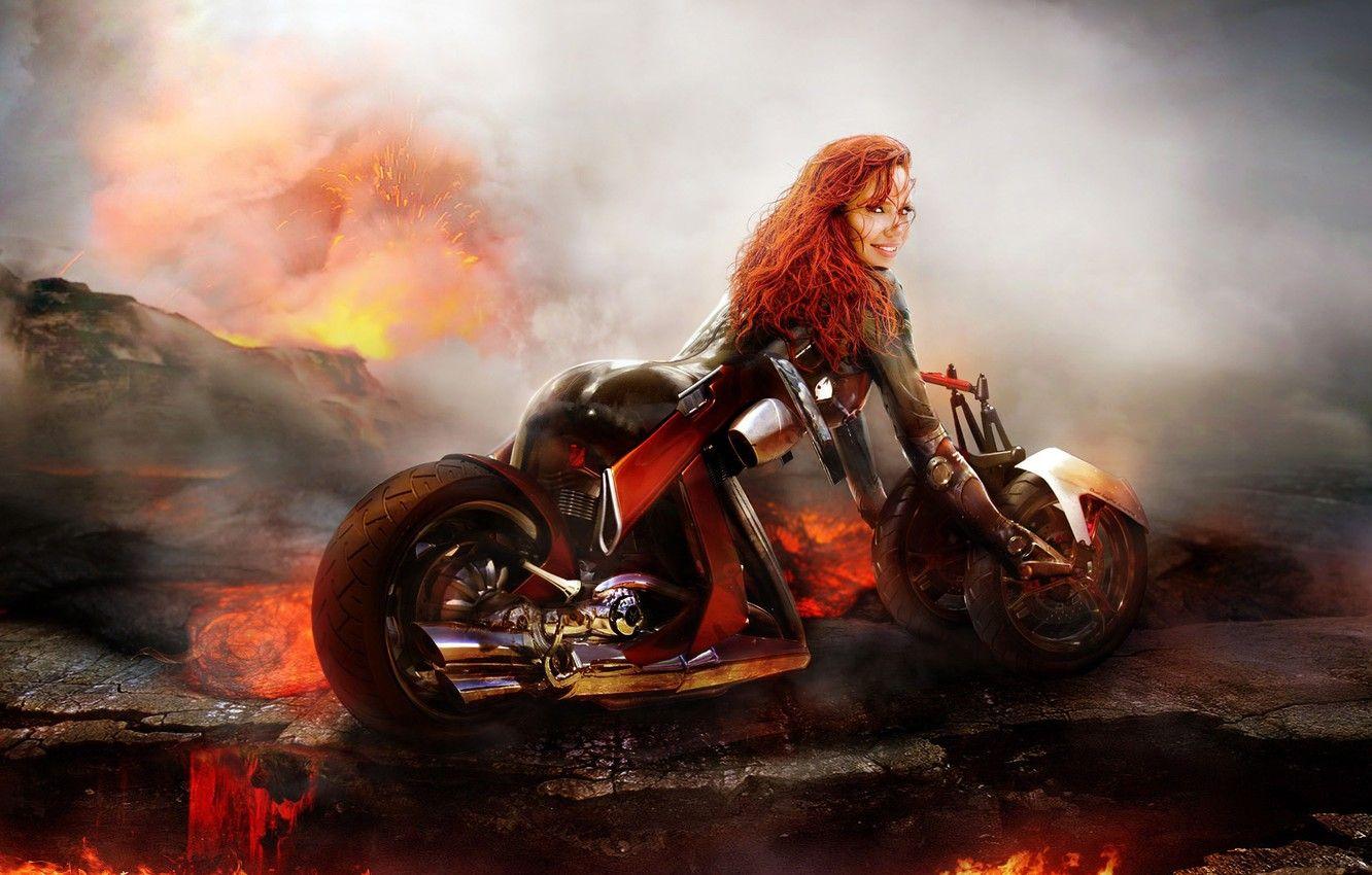 1332x850 Wallpaper FIRE, GIRL, SMOKE, FLAME, CHOPPER, BIKE, LAVA, HEAT image for desktop, section фантастика