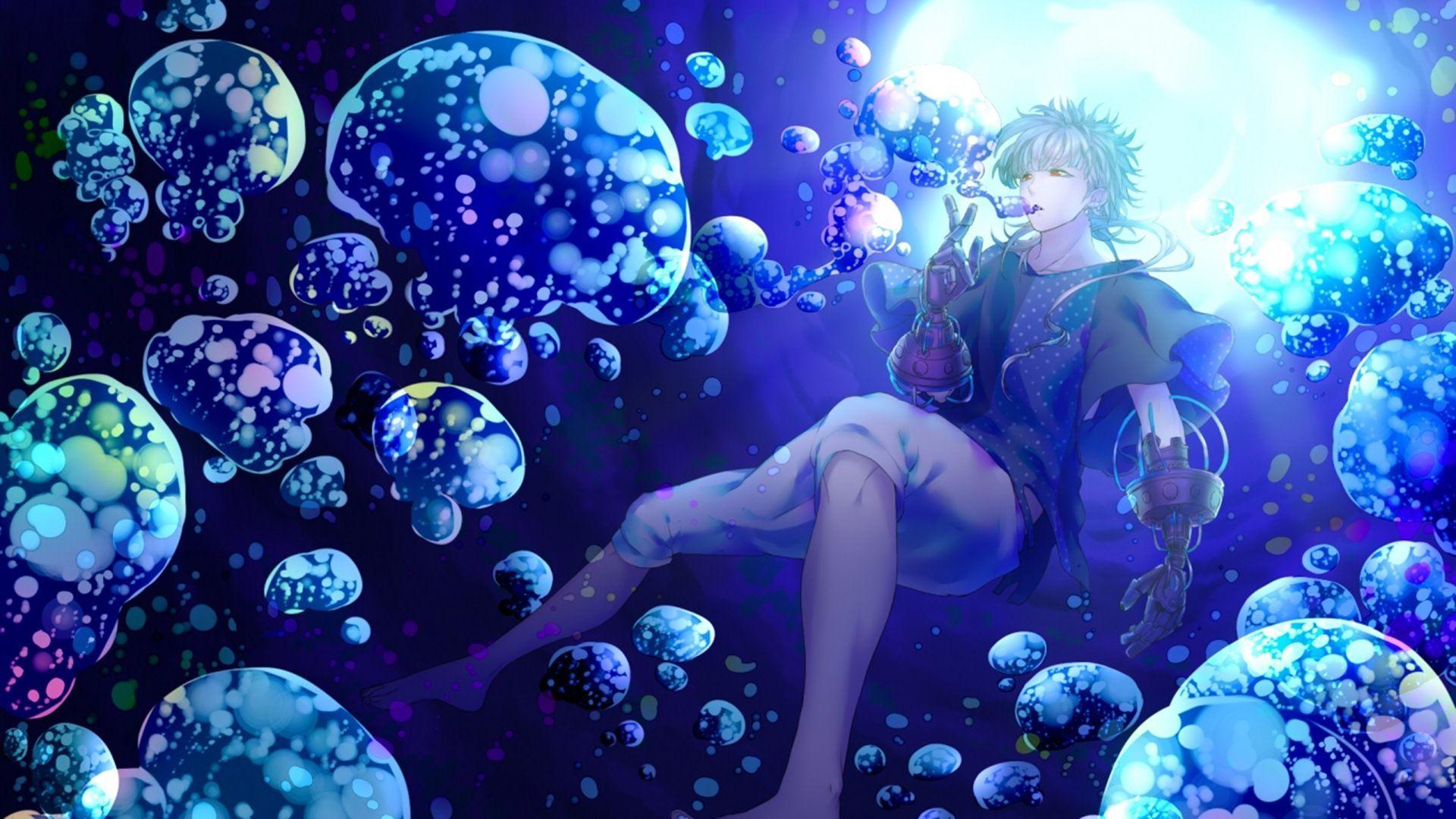 anime boy blue hair swimming