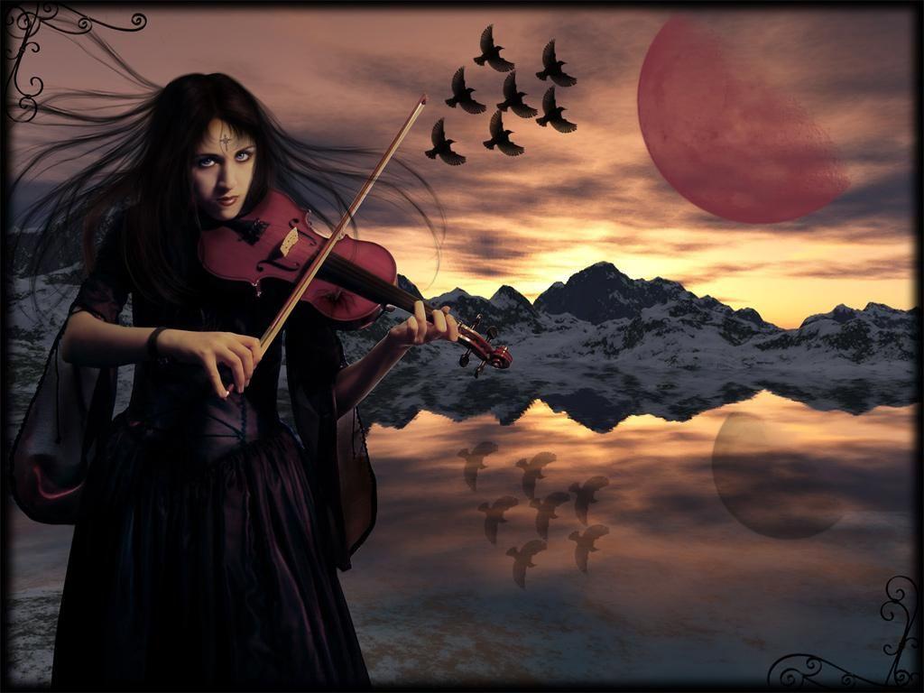 1024x768 alone goth Goth Violin Under a Red Moon