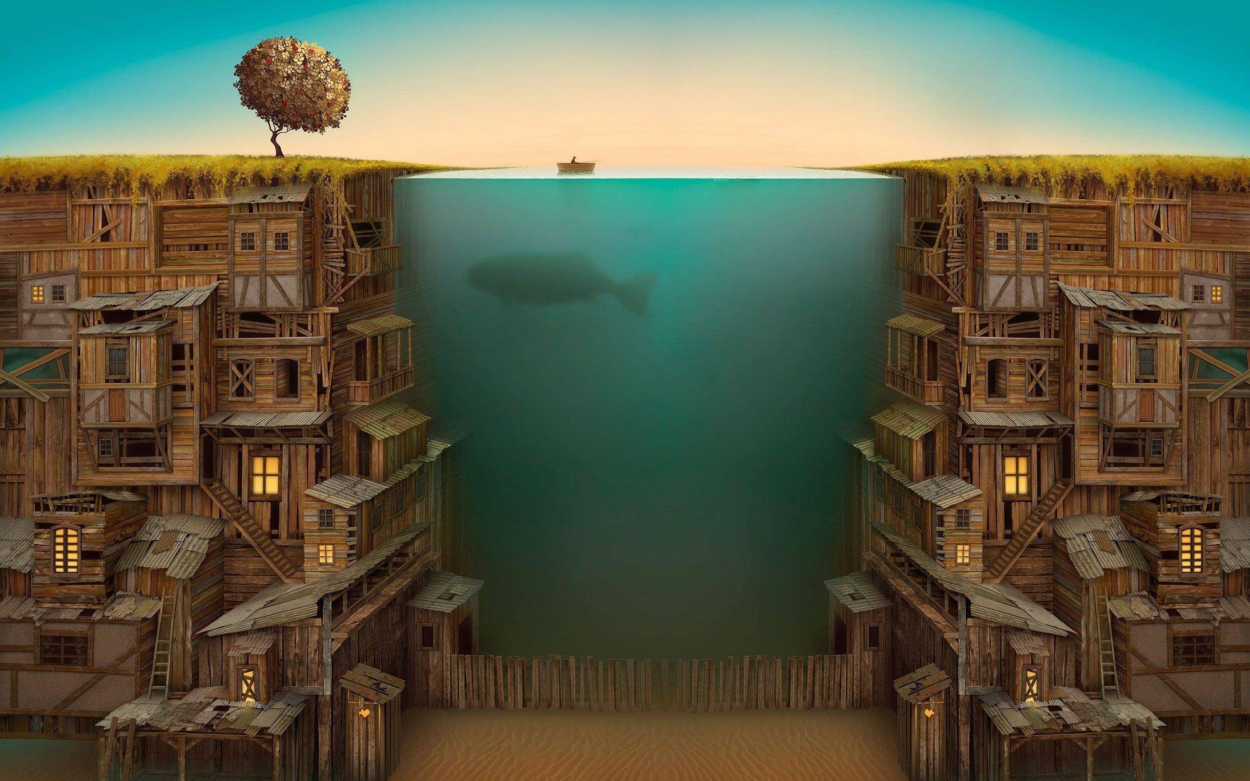 2560x1600 Ocean between a wooden city Wallpaper HD / Desktop and Mobile Background