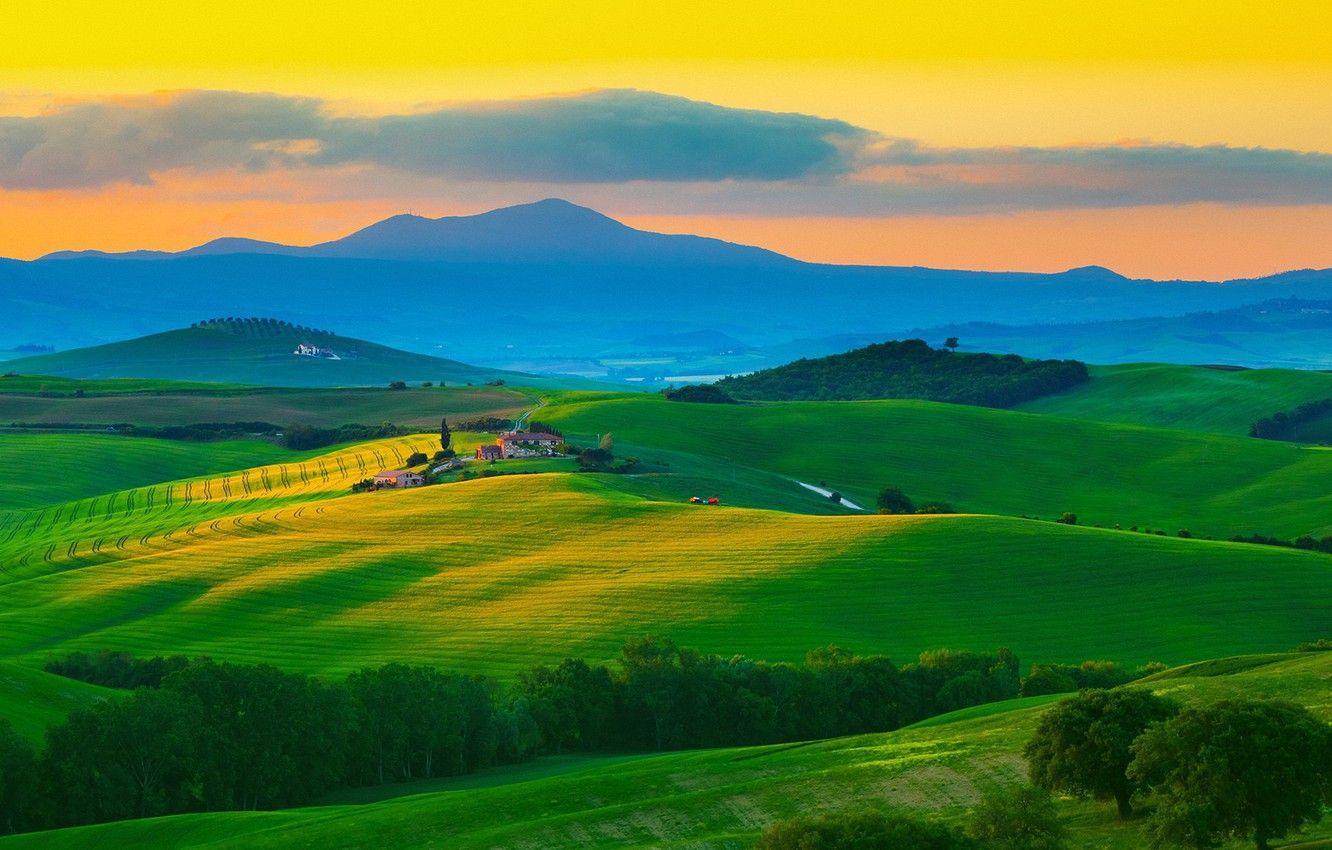 1332x850 Wallpaper house, sky, trees, field, landscape, Italy, nature, sunset, mountains, clouds, hills, Tuscany image for desktop, section пейзажи