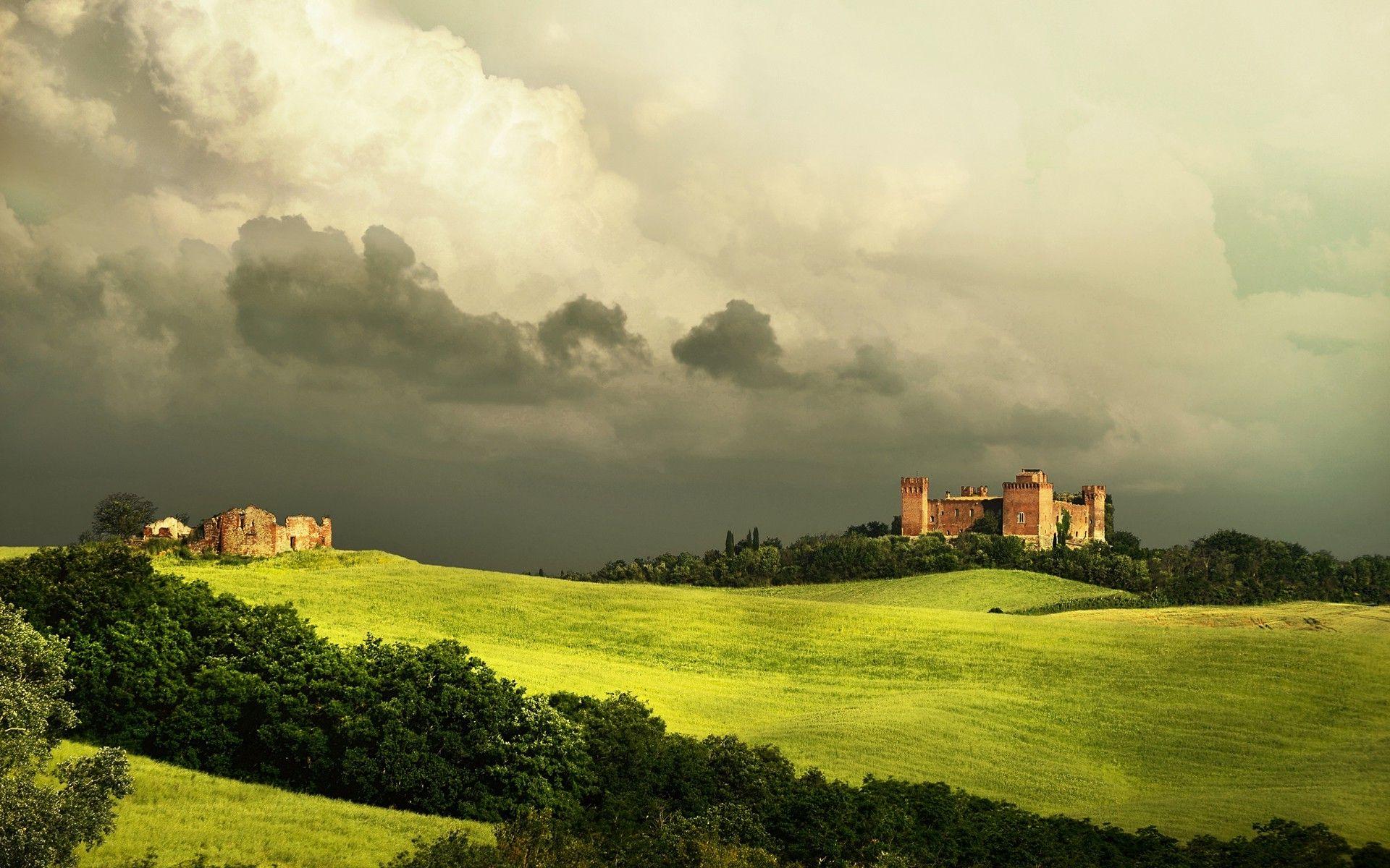 1920x1200 architecture, Building, Nature, Castle, Ancient, Tuscany, Italy, Field, Grass, Hills, Forest, Clouds Wallpaper HD / Desktop and Mobile Background