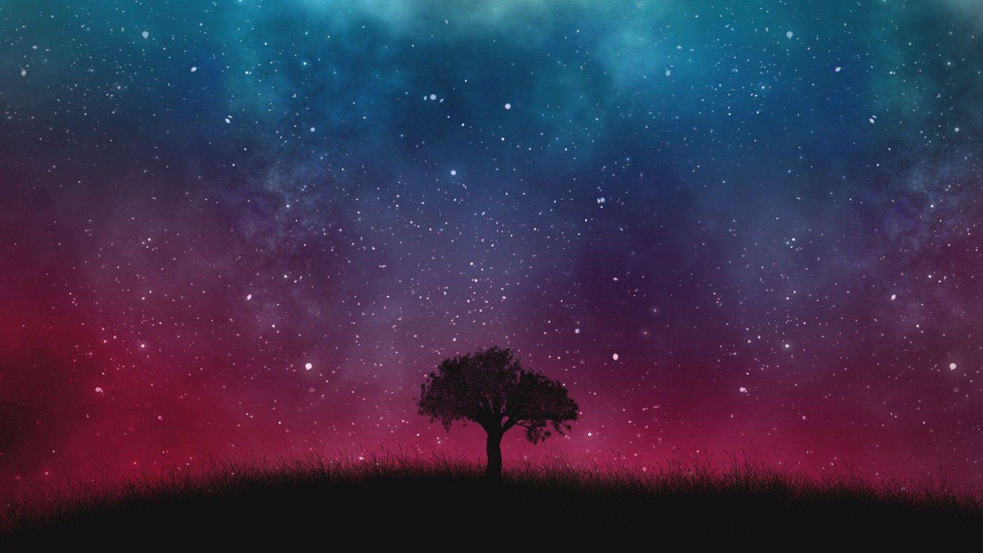 1920x1080 Download 1920x1080 Lonely Tree, Starry Sky, Night, Cosmos, Galaxy Wallpaper for Widescreen