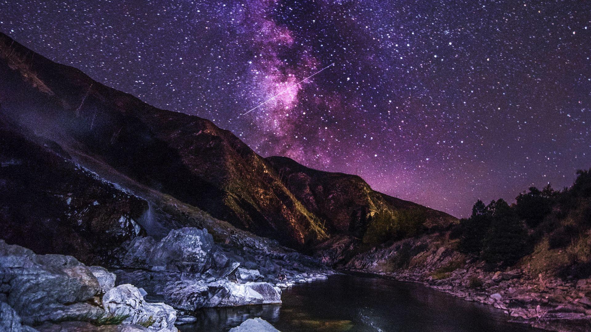 1920x1080 Download Starry sky, mountains, river, flow, night wallpaper, 1920x Full HD, HDTV, FHD, 1080p