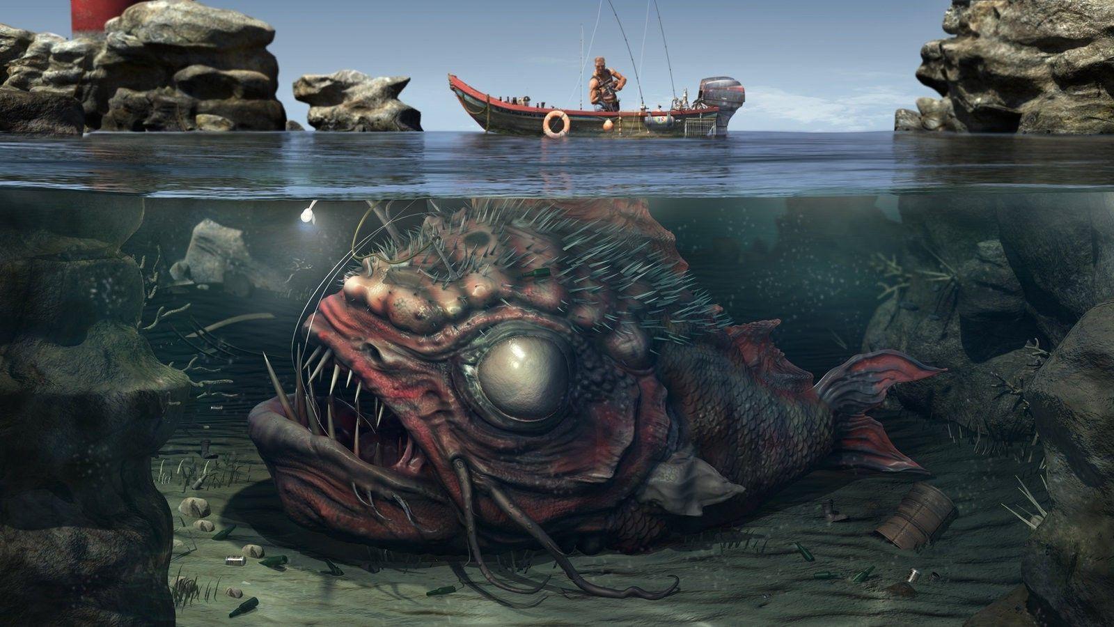 1600x900 digital Art, Water, Boat, Creature, Split View, Underwater Wallpaper HD. Scary wallpaper, Underwater wallpaper, Fish art