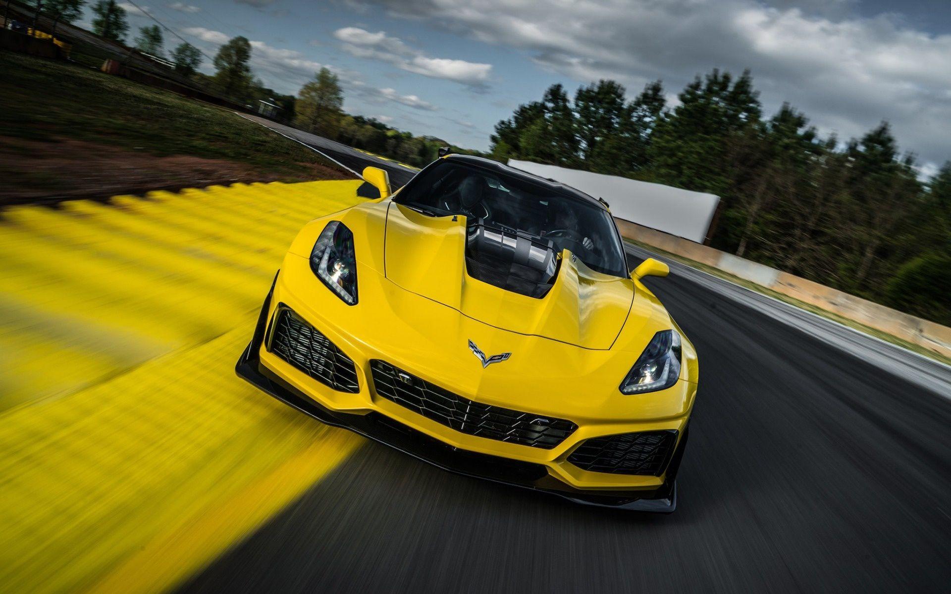 1920x1200 Download wallpaper Chevrolet Corvette C7R, raceway, front view, 2018 cars, supercars, yellow Corvette, Chevrolet for desktop with resolution 1920x1200. High Quality HD picture wallpaper