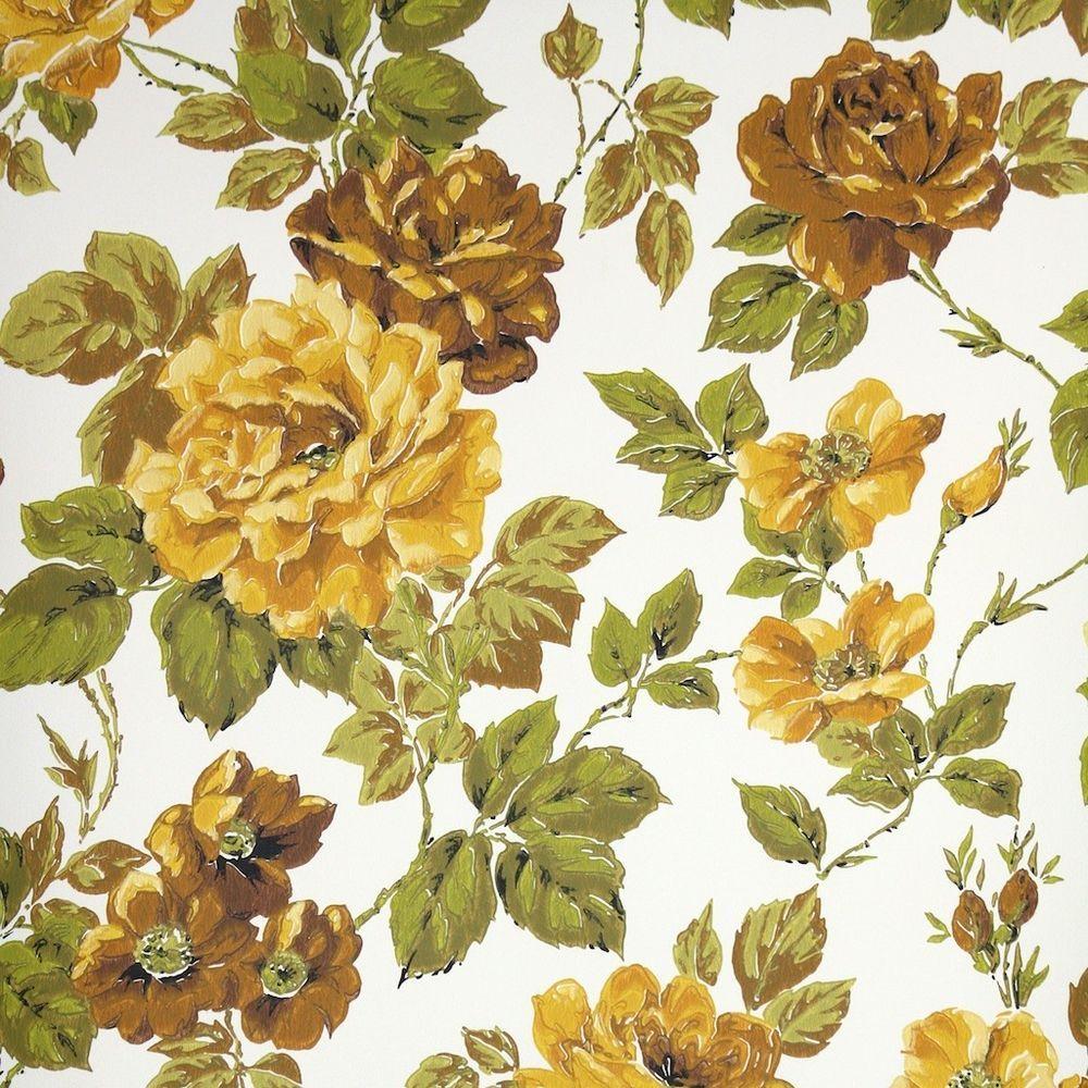 1000x1000 1970s Vintage Wallpaper Retro Floral Wallpaper Yellow and Brown Flowers on White #Unbranded. Vintage floral wallpaper, Floral wallpaper, Wallpaper vintage